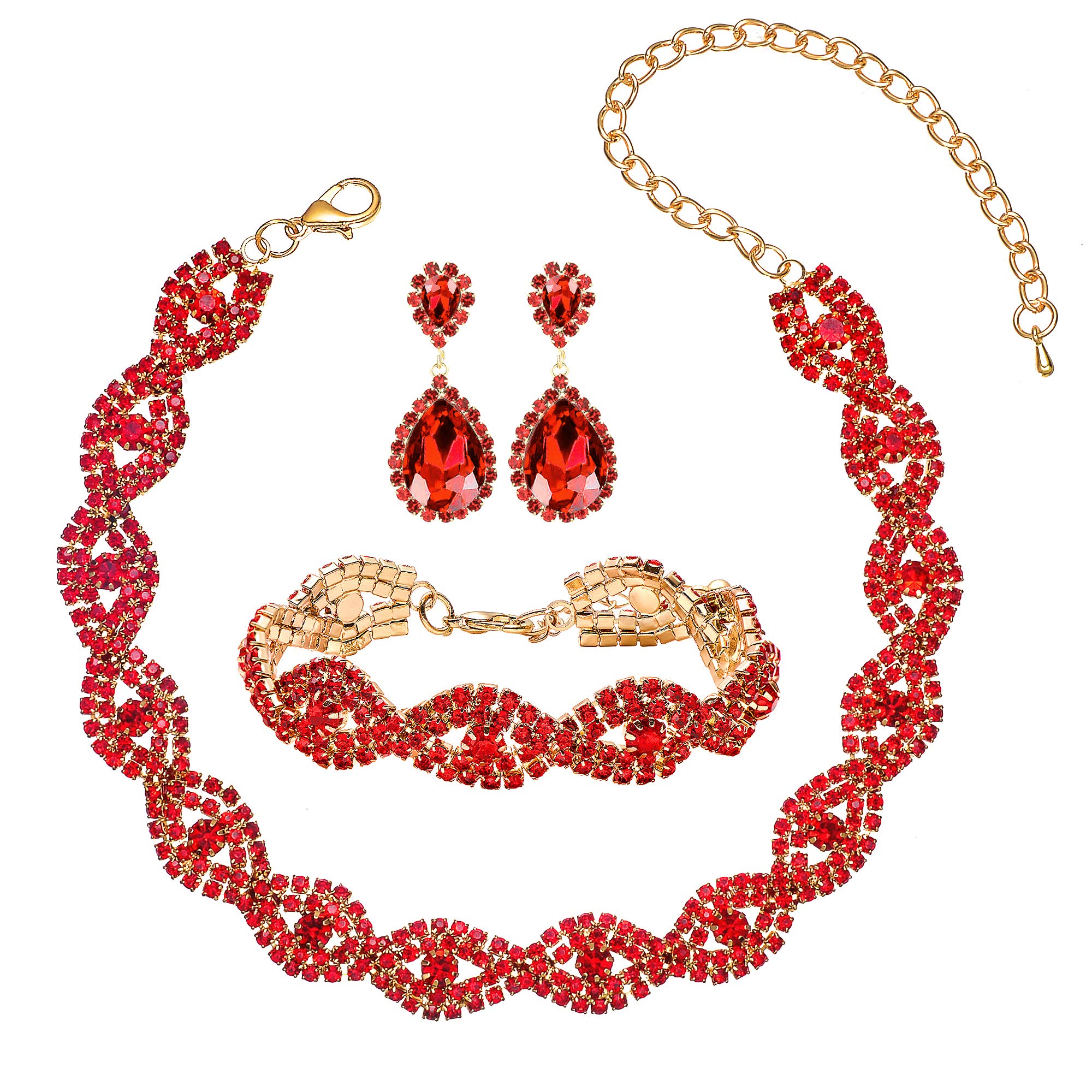 Miraculous Garden 2/4pcs Silver/Gold Plating Wedding Bridal Crystal Teardrop Statement Necklace Tiara Crown Link Bracelet Dangle EarringsJewelry Set for Women