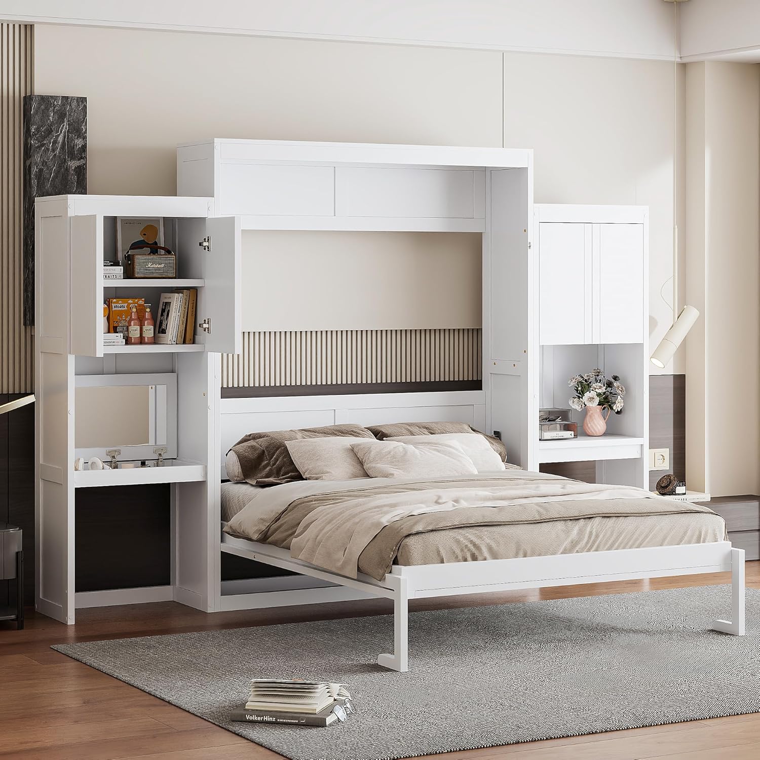 Ball & Cast Murphy Bed Queen Bed Frame with Headboard,Hideaway Bedframe w/Vanity and Cabinets,Wood Wall Cabinet,Slat Support,can be Folded,No Box Spring Needed,for Small Room,White