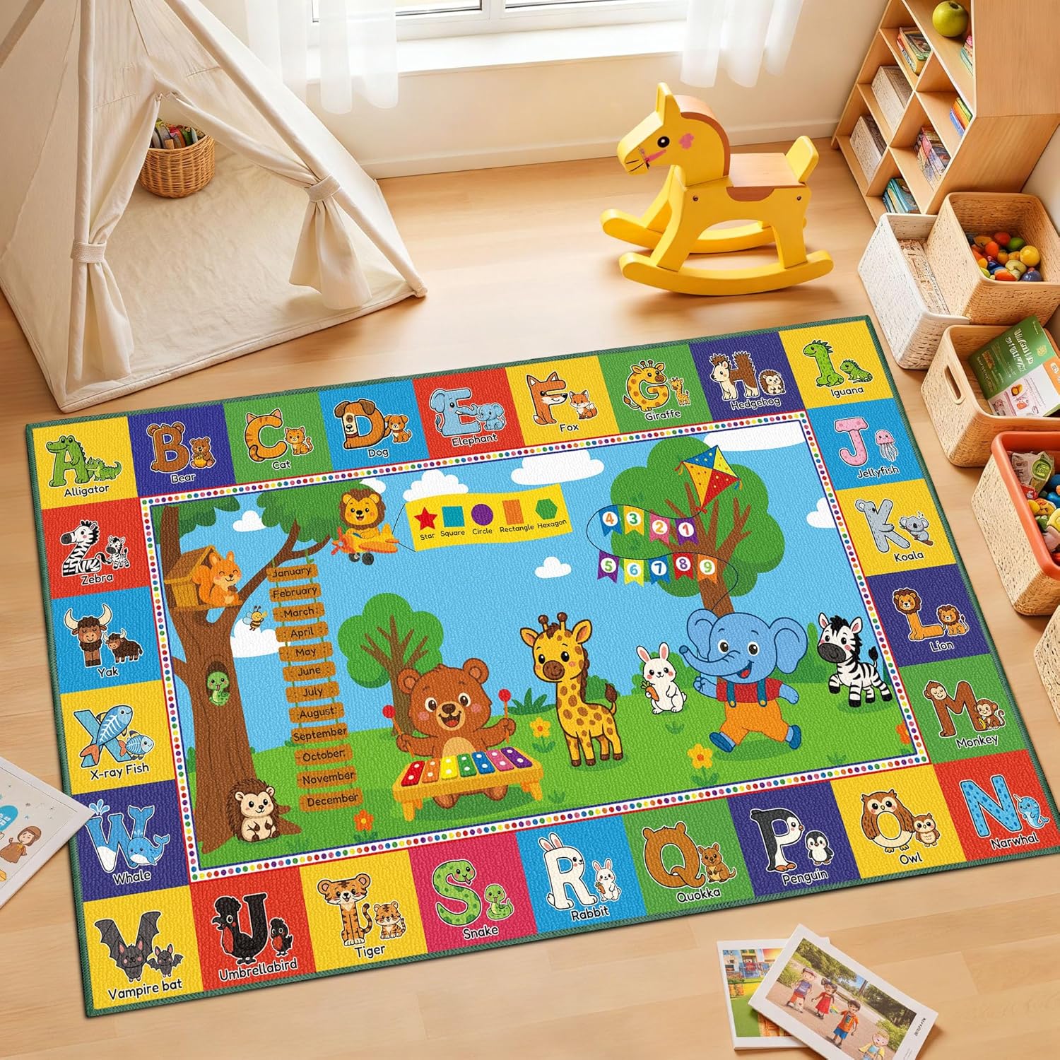 Upgrade Ultra Non Slip ABC Rugs for Kids Playroom, 5x8 Large Washable Alphabet Floor Play Mat for Toddlers Baby, Educational Learning Baby Carpet with Animals for Nursery, Classroom & Bedroom, 60"x96"