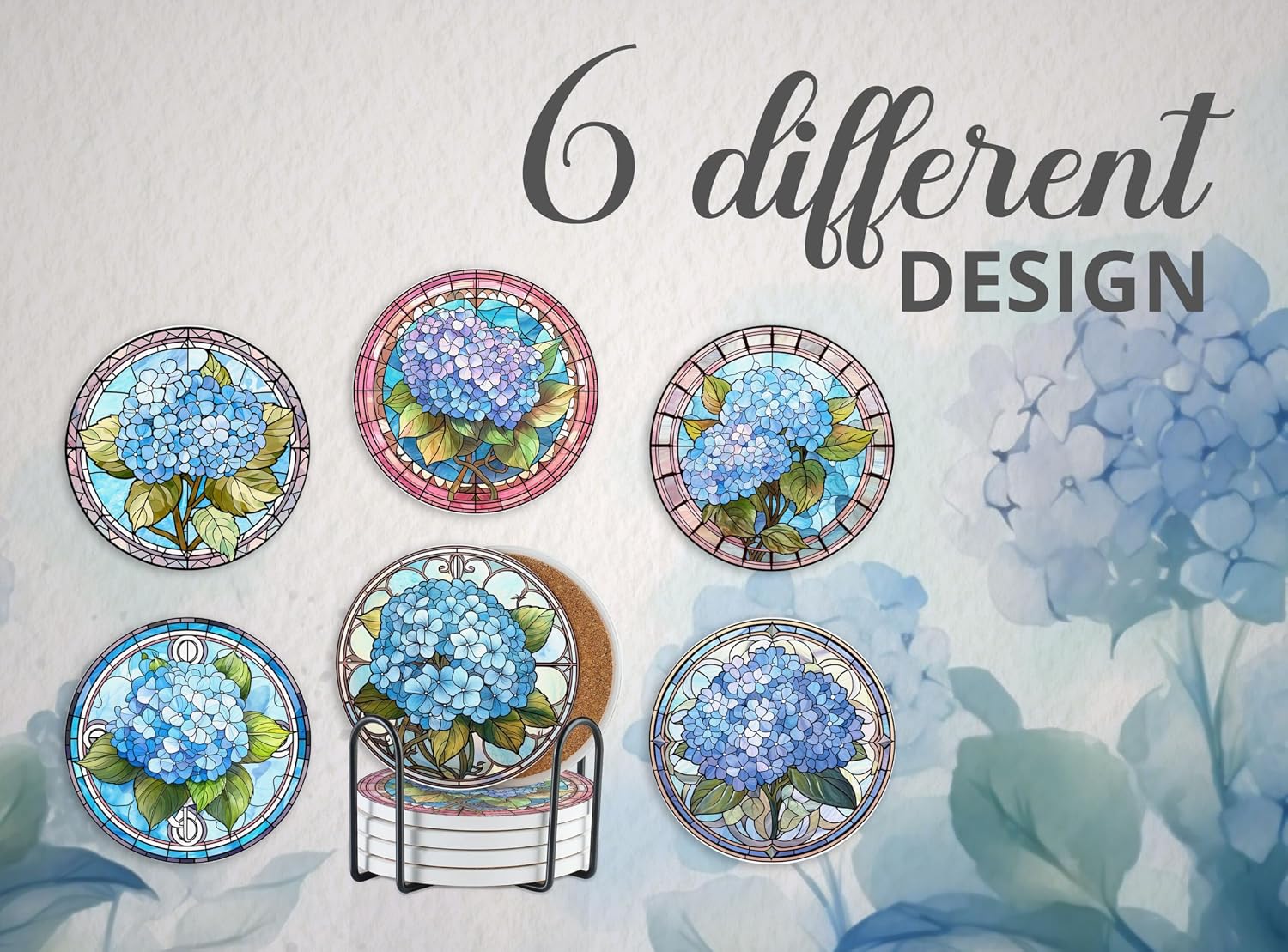 Onebttl Hydrangea Gifts, 6 Pcs Set Ceramic Coasters for Drinks Absorbent with Holder
