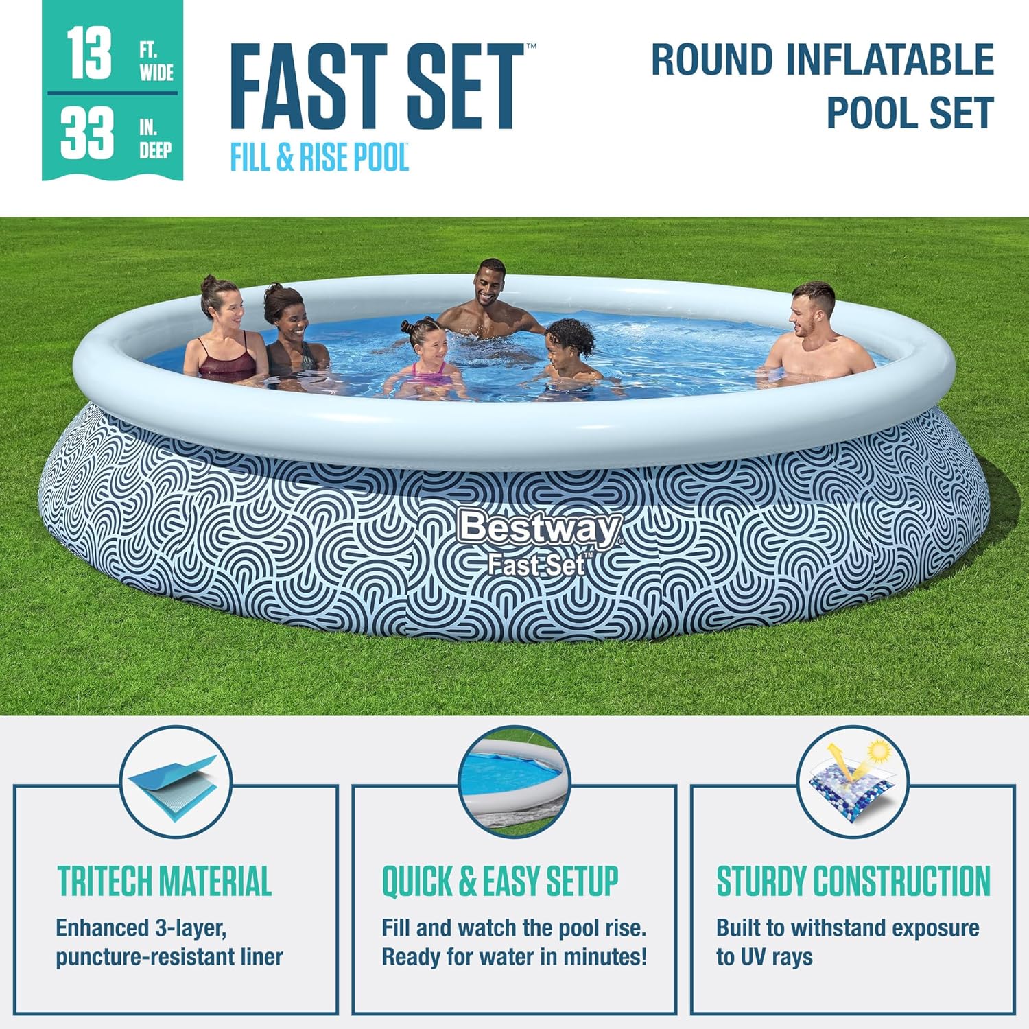 Bestway Fast Set 13' x 33" Round Inflatable Above Ground Swimming Pool Set, Outdoor Family Pool with Filter Pump, Rattan Print