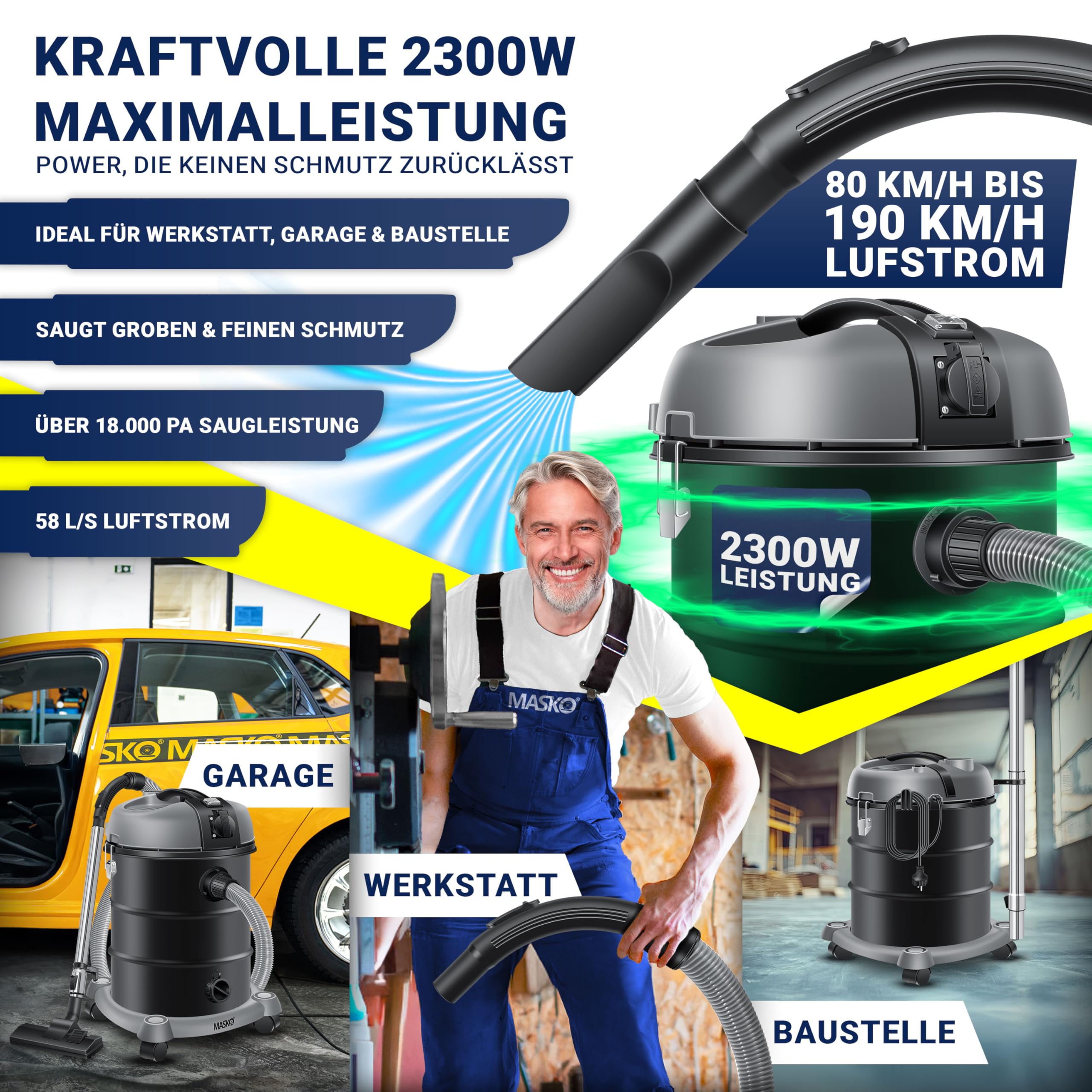 Masko® Aspirateur Industriel Aspirateur Eau et poussière Acier Inoxydable 2 300 W + Prise | Fonction soufflerie | 30 L | avec et sans Sac | Filtre Interchangeable Inclus | Tuyau: 3,5 m | Anthracite