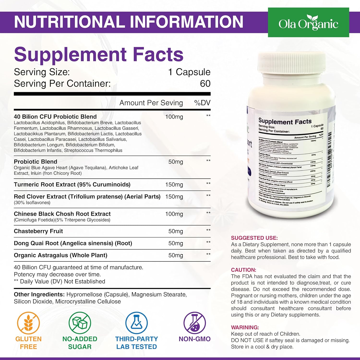 Menopause Support Supplement – Red Clover, Black Cohosh, Chasteberry, Dong Quai, Turmeric – Astragalus & Prebiotics – Supports Women’s Health & Midlife Balance – 60 Capsules - Image 2