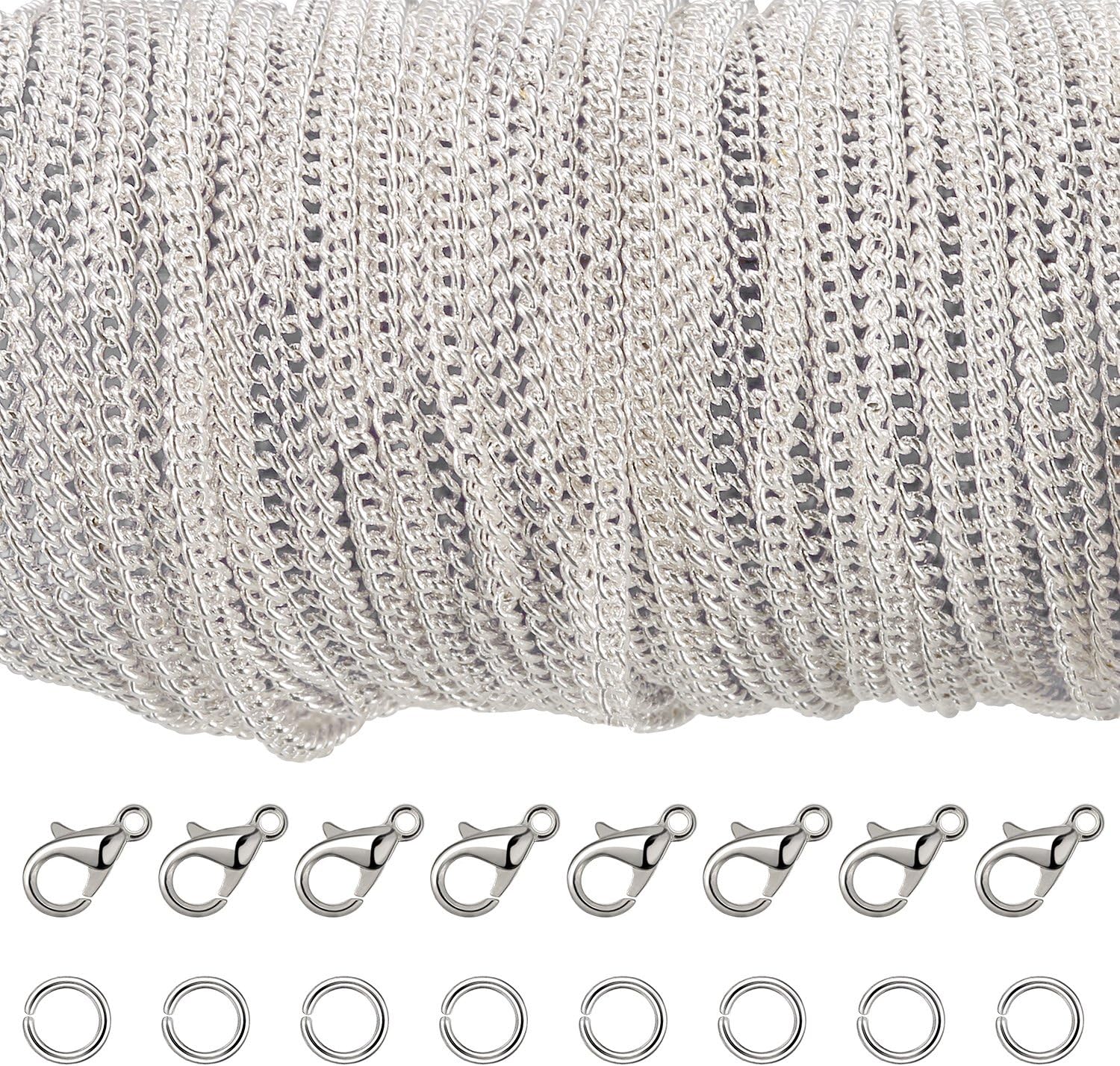 33 Feet Silver Plated Cable Chain Necklace with 30 Jump Rings and 20 Lobster Clasps for Jewelry Making (2.5 mm)