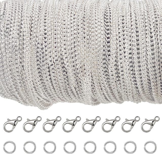 33 Feet Silver Plated Cable Chain Necklace with 30 Jump Rings and 20 Lobster Clasps for Jewelry Making (2.5 mm)