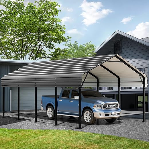 JAMFLY Carport, 12X15 FT Metal Carport, Heavy Duty Carport Canopy with Galvanized Steel Roof and Frame, Metal Car Garage Upgraded Extra Large Garage for Pickup, Boat, Car and Tractors