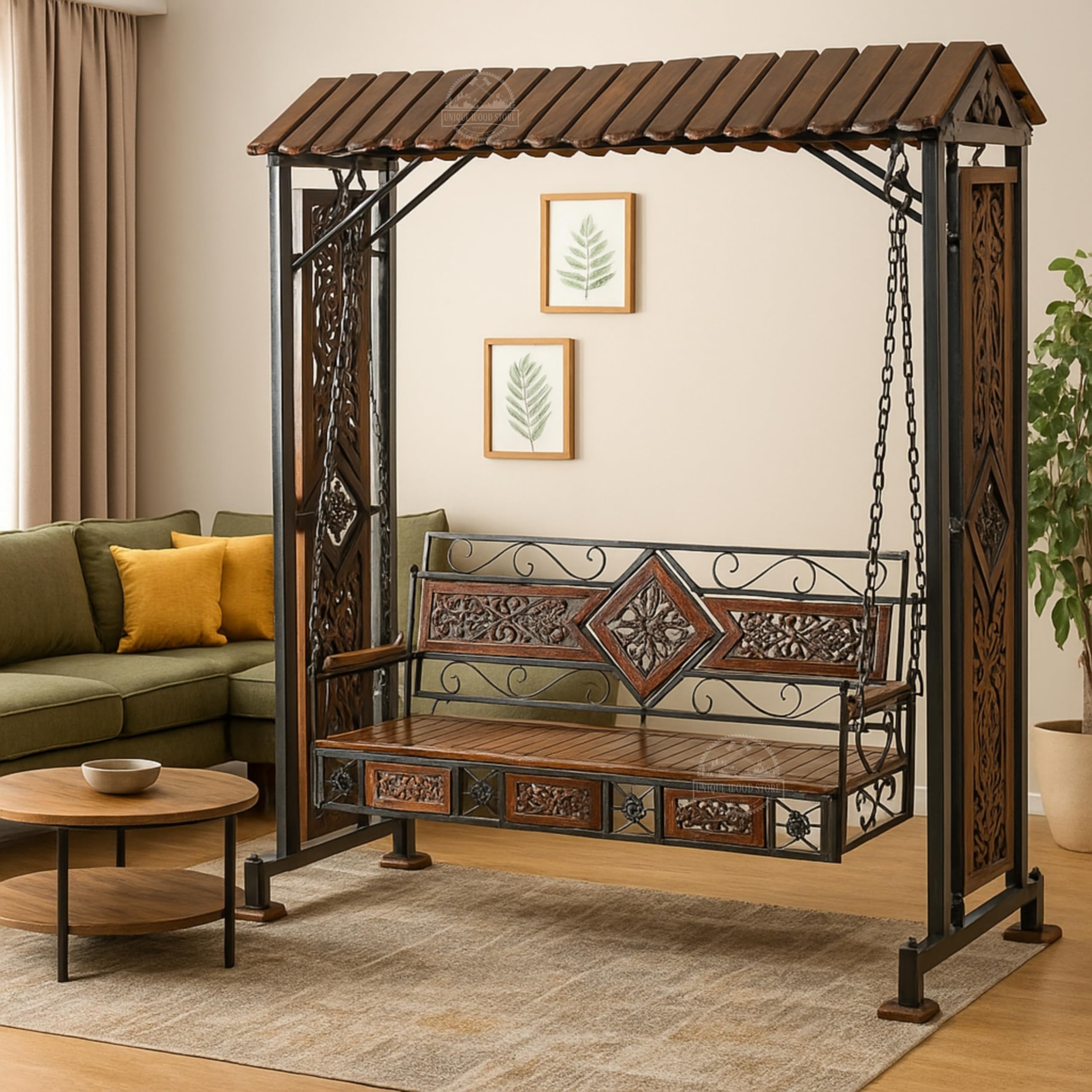 UNIQUE WOOD ART Wooden Swing Jhula Chair, Hammock, Outdoor- 3 Seater Solid Wood & Iron Swing Jhoola Swing Jhula, Hammock Jhula, Cradle for Relaxing Outdoor Seating, Carved Design Brown-image-10