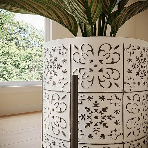 Miniatura 4 de EverNest Tristan - Maceta blanca con patrón bohemio negro con soporte Loki, maceta de interior SelectBase, decoración neutra del hogar, maceta