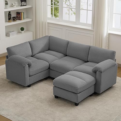 Miniatura 30 de Sofá nube seccional en forma de V de 114 pulgadas con otomana, sofás modulares de 7 plazas para sala de estar, sofá de pana de gran tamaño con