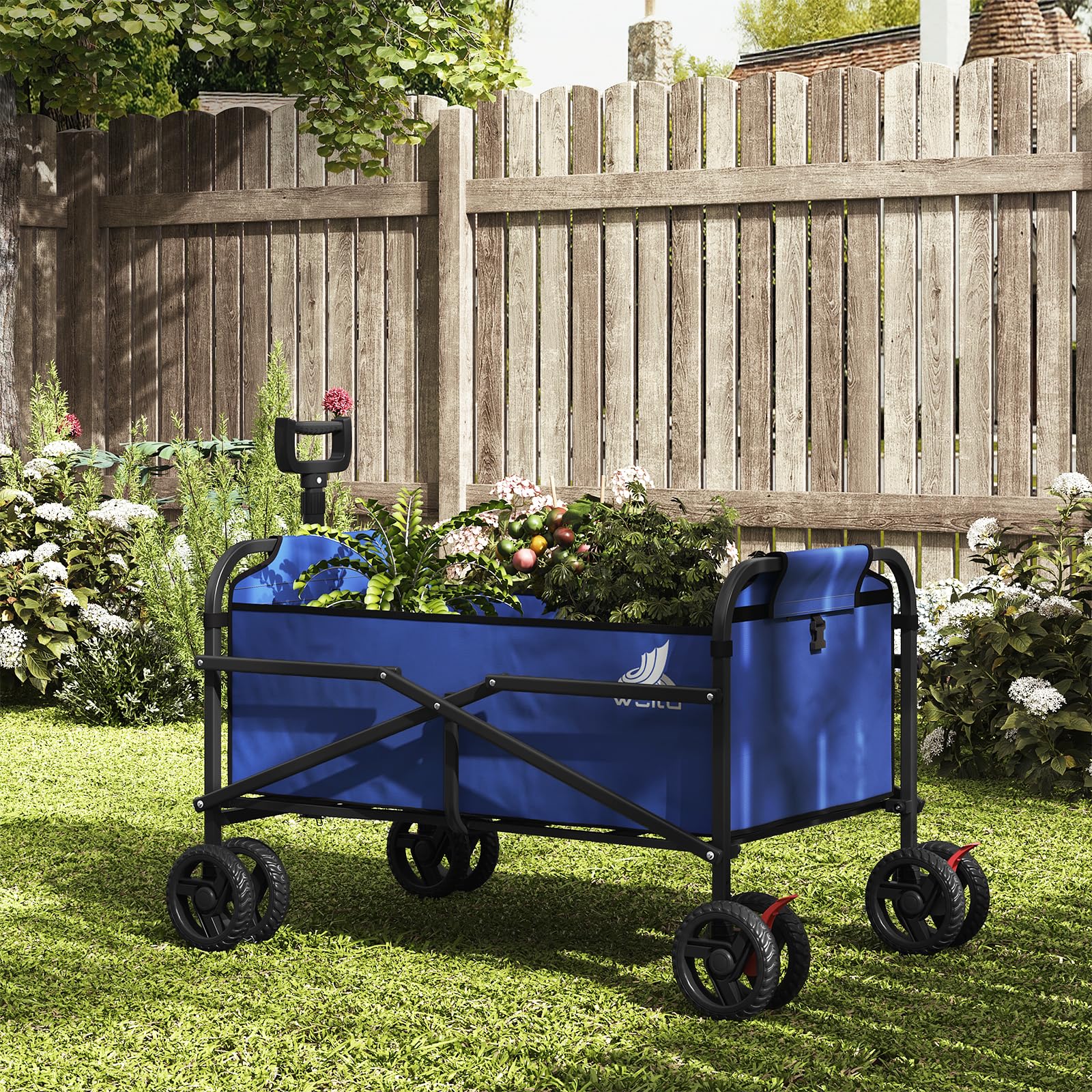 WOLTU Bollerwagen faltbar, Handwagen Transportwagen klappbar, Gartenwagen Strandwagen mit Bremsen Doppelrädern, Trolley für Garten Strand Camping, 80 kg belastbar, Blau