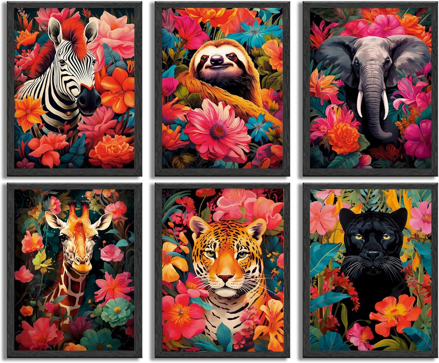 Jungle Animals Floral Canvas Wall Art Modern Colorful Aesthetics