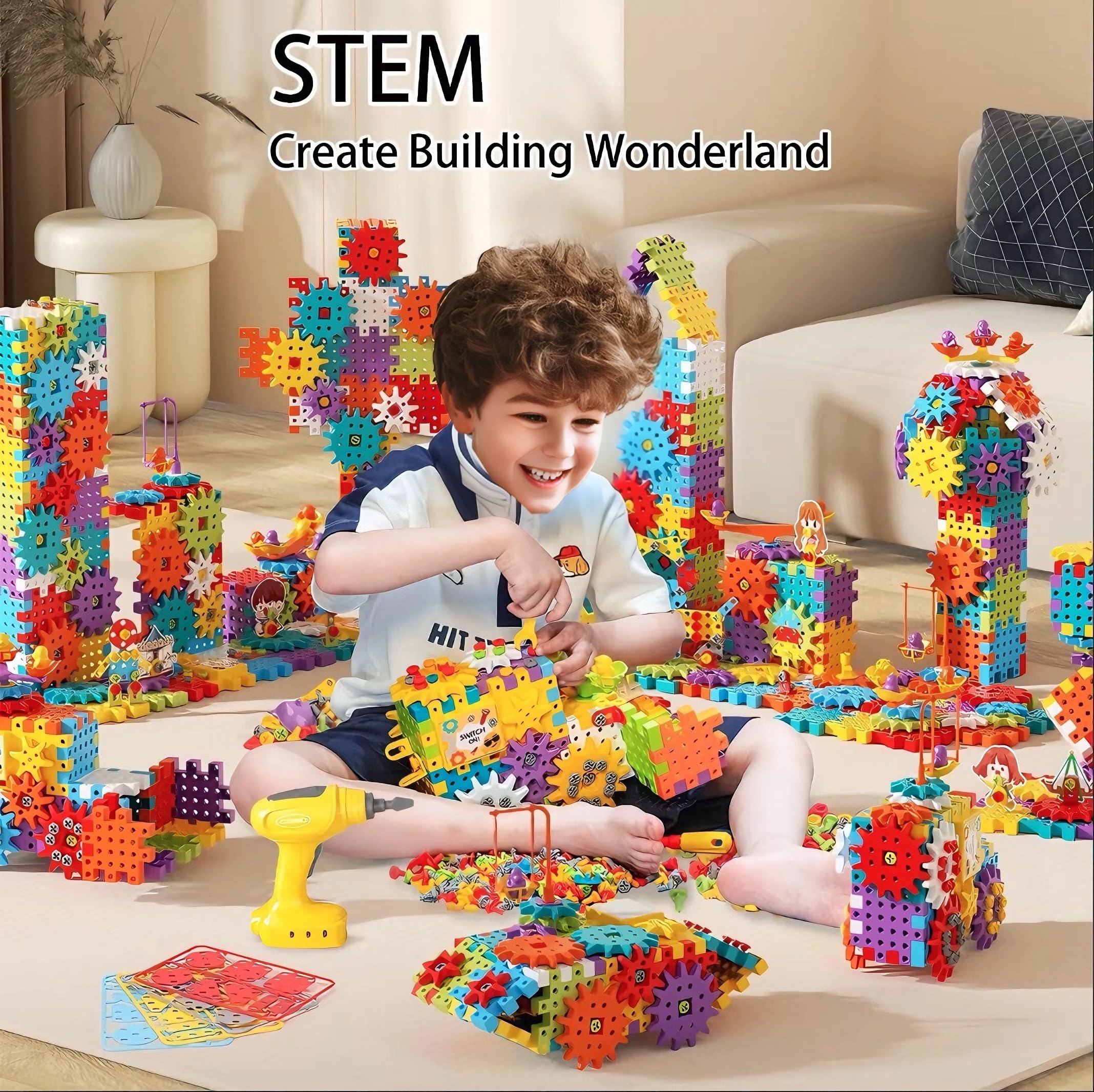 Montessori - Juguetes de bloques de construcción de engranajes eléctricos, juego de herramientas para niños, 234 piezas de diseño y taladro, juguete educativo de construcción STEM para niños y 7