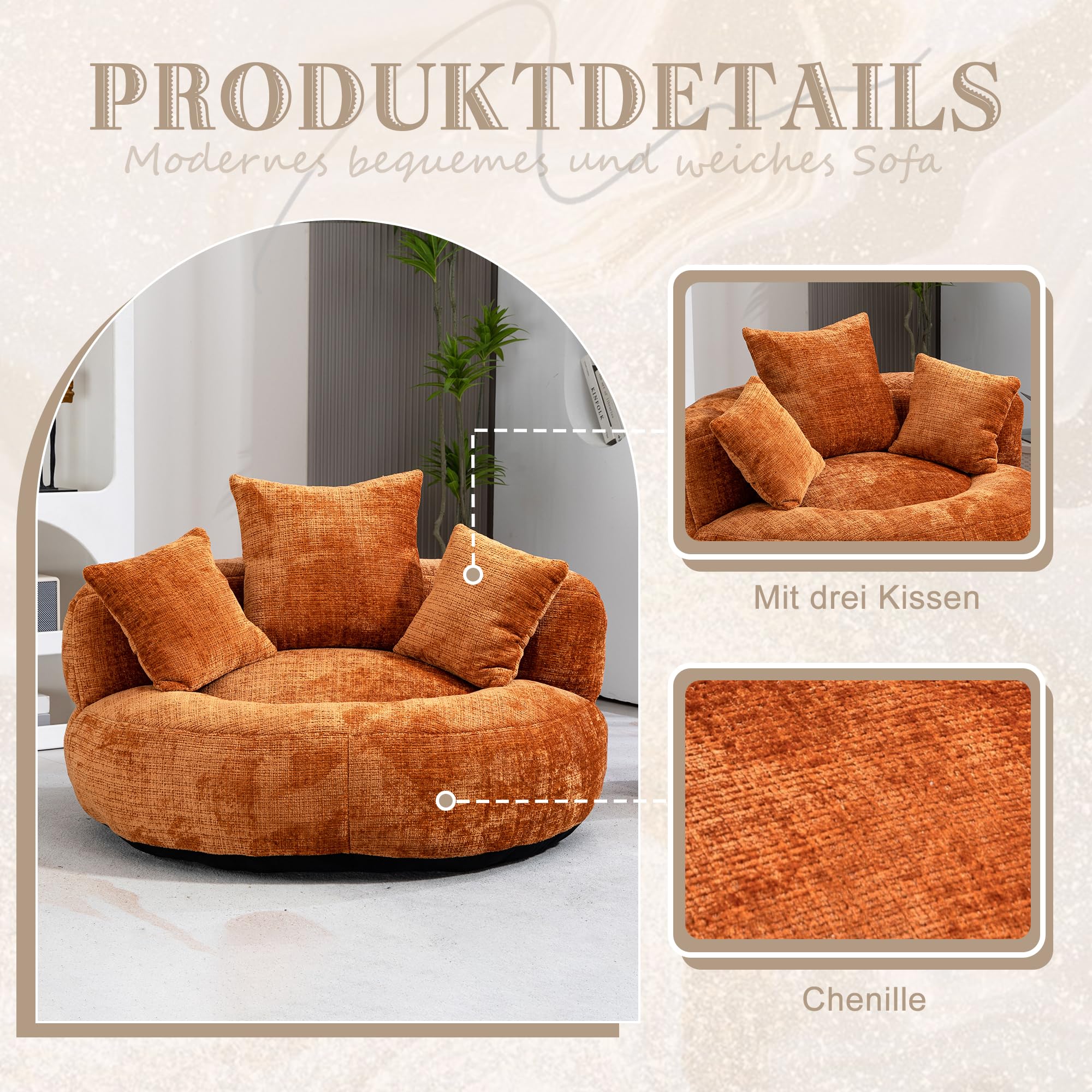Lazy Sofá de chenilla con respaldo alto, puf con 3 cojines, sillón grande para adultos y niños, silla de juegos suave para salón, dormitorio y oficina, color naranja