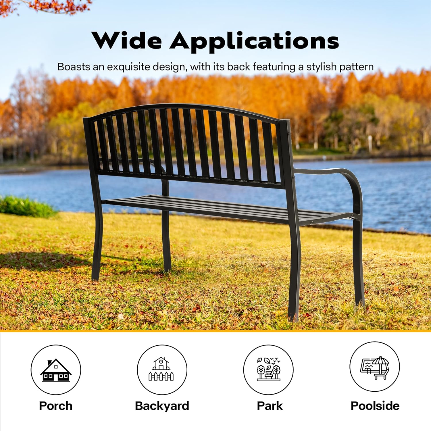 VIVOHOME 50 Inch Outdoor Garden Bench Cast Iron Metal Frame Patio Park Benches for Porch Yard Lawn