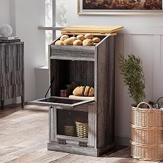 ONG Potato Storage Wood Bin, Wooden Bread Storage Bins, Decorative Potato and Onion Storage Bin with Grocery Section, Wooden Vegetable Storage with Lid,Grey