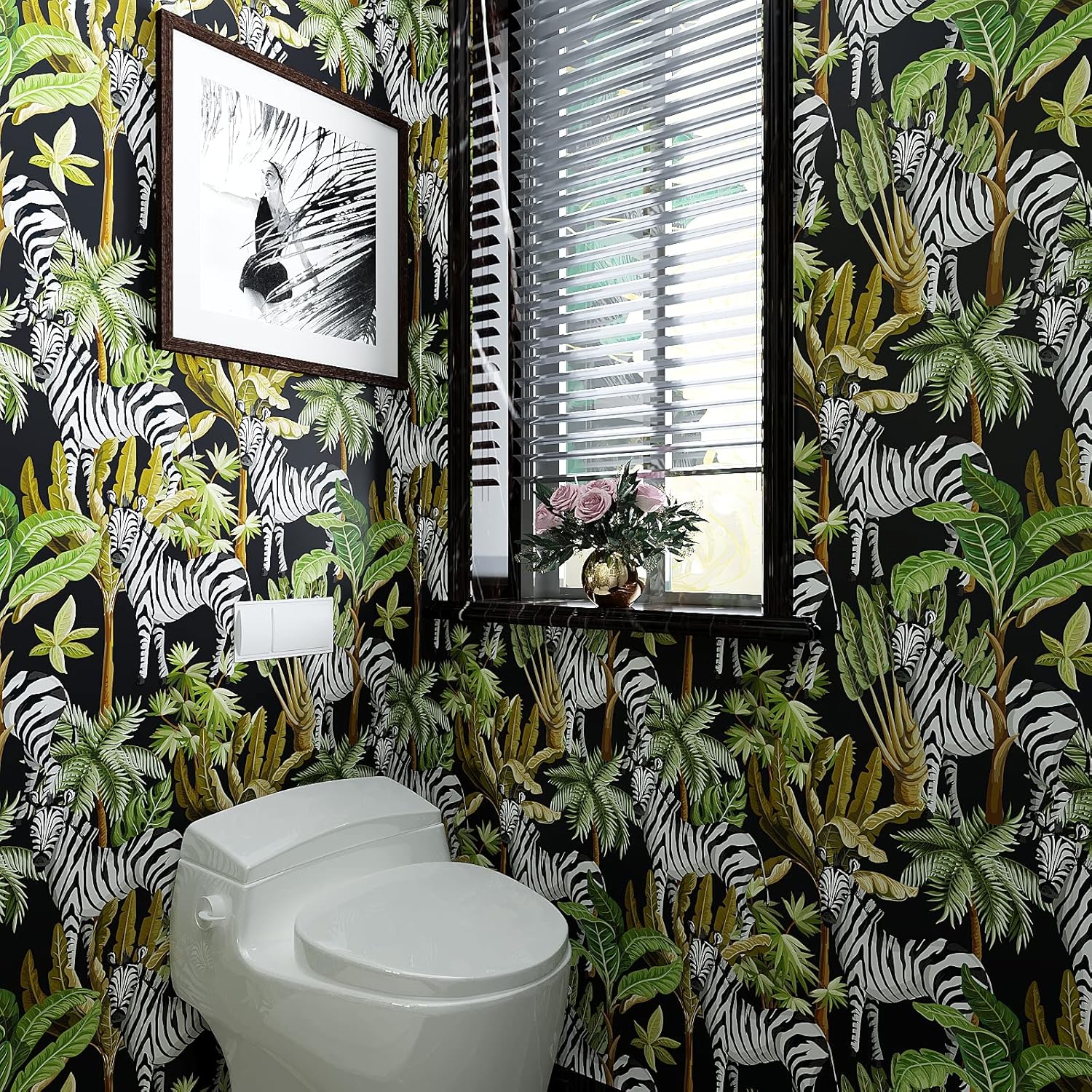 VEELIKE Jungle Zebra Wallpaper 17.7''x354'' Tropical Palm Tree Zebra Peel and Stick Wallpaper Removable Self Adhesive Decorative Black Contact Paper for Living Room Bathroom Wall Hallway Cabinet Shelf
