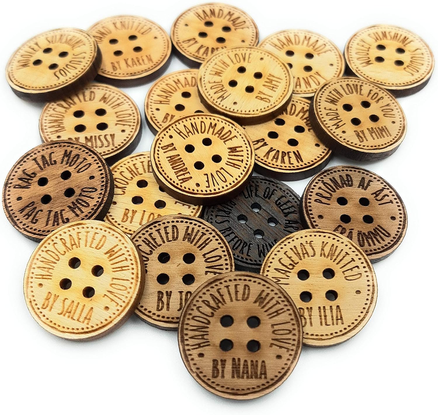 Product labels, personalized wooden buttons, custom made buttons, buttons for handmade items, knitting buttons, crochet buttons, set of 25