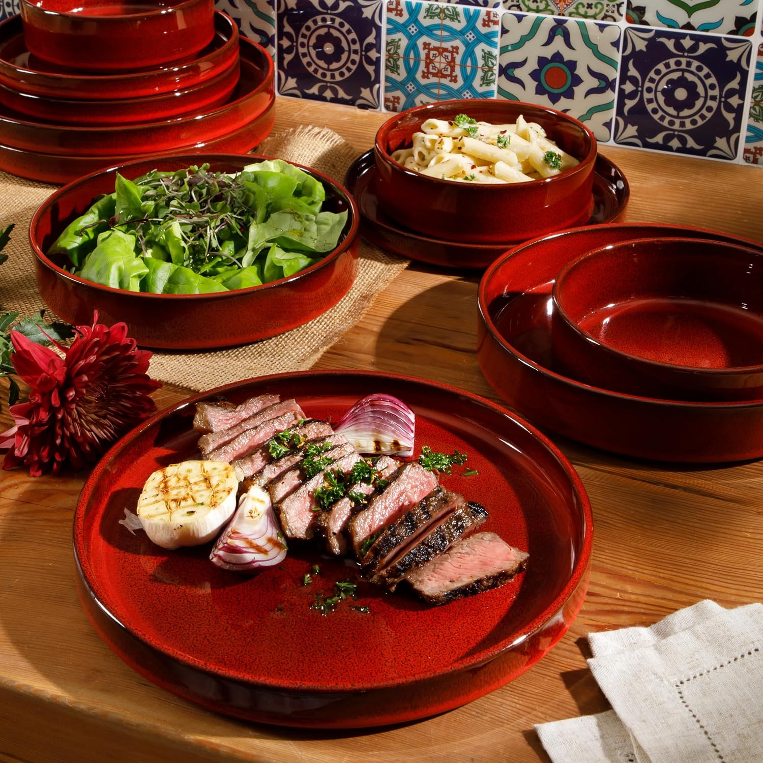 Bloomhouse - Two Time Oprah's Favorite Things Winner - Santorini Mist Double Bowl Terracotta Reactive Glaze Plates and Bowls Dinnerware Set - Garnet Red, Service for Four (16pcs)