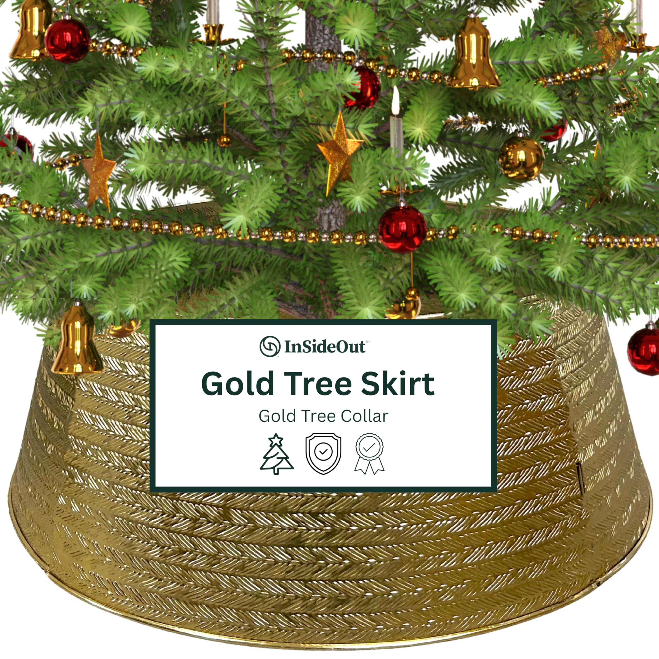 Gold Metal Christmas Tree Collar, Decorative Christmas Tree Skirt Alternative for Base Cover, Durable, Holiday Tree Base Decoration, Fits Most Trees, Modern Christmas Décor, Gold