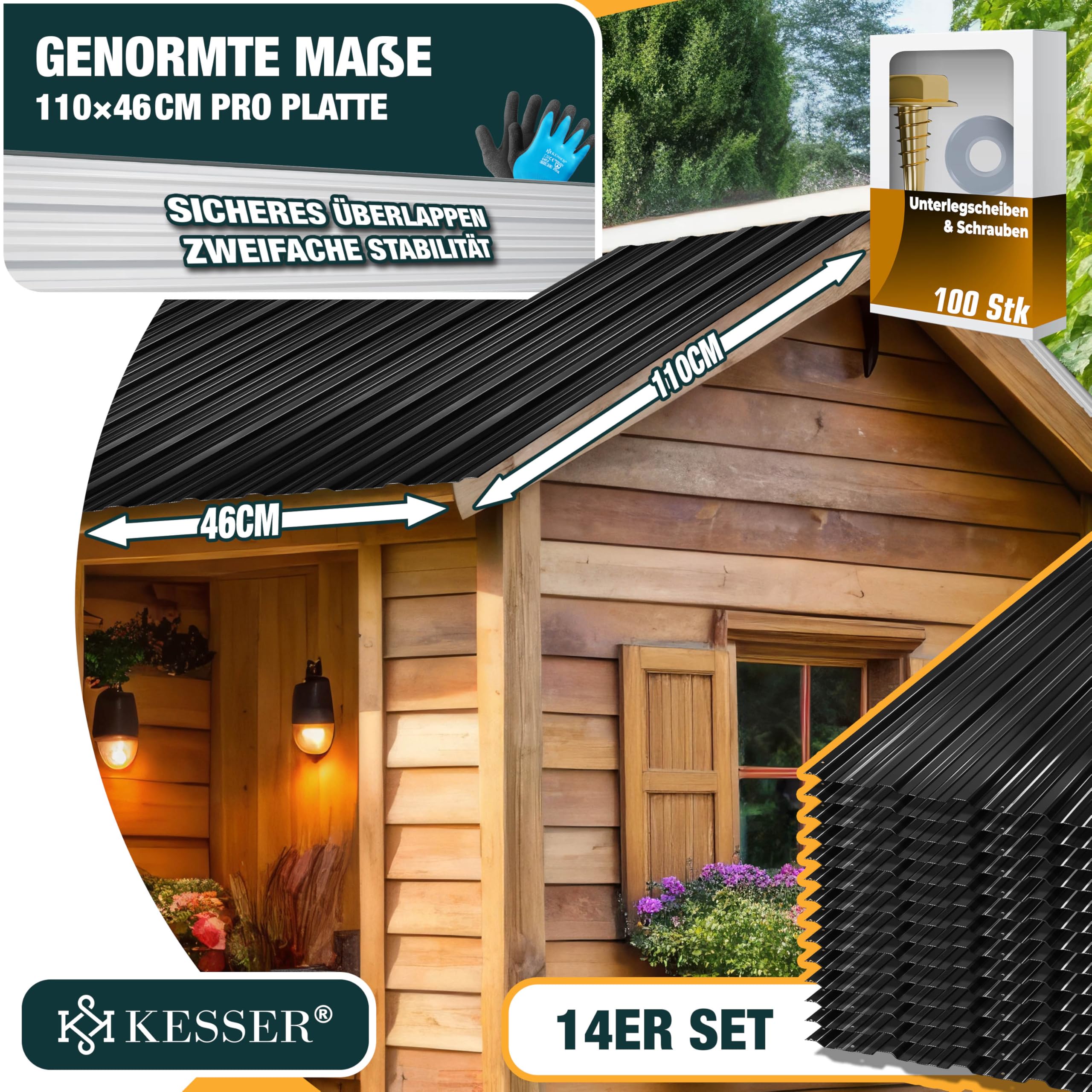 KESSER Chapa trapezoidal de 7 m², 12 unidades, para cobertizo, placas de techo de acero galvanizado de 0,25 mm, incluye guantes de montaje (negro, 110 x 46 cm/14 unidades)