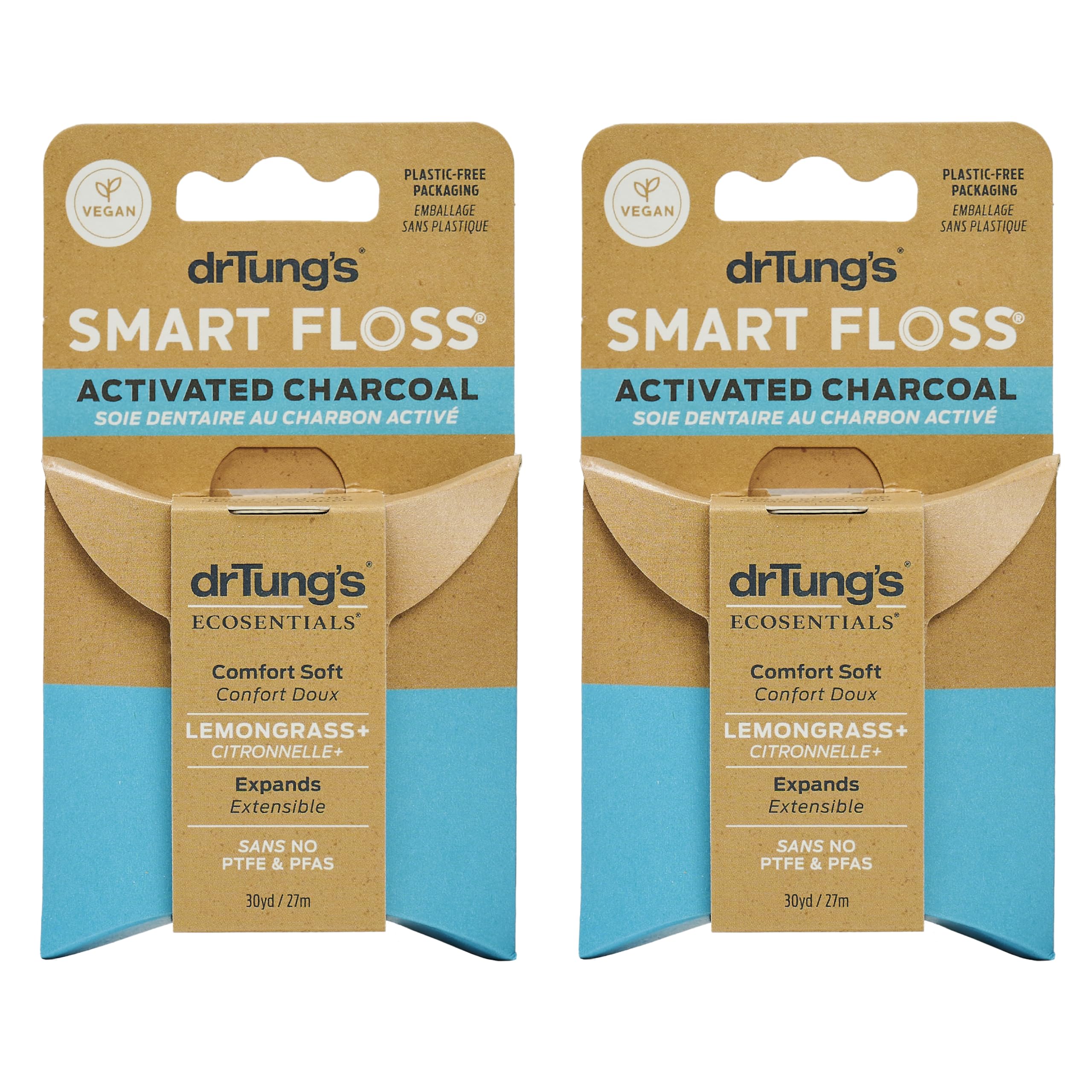 DrTung's Vegan Activated Charcoal Floss - Natural Dental Floss, PTFE & PFAS Free, Gentle on Gums, Expands & Stretches, BPA Free - Lemongrass Flavor (