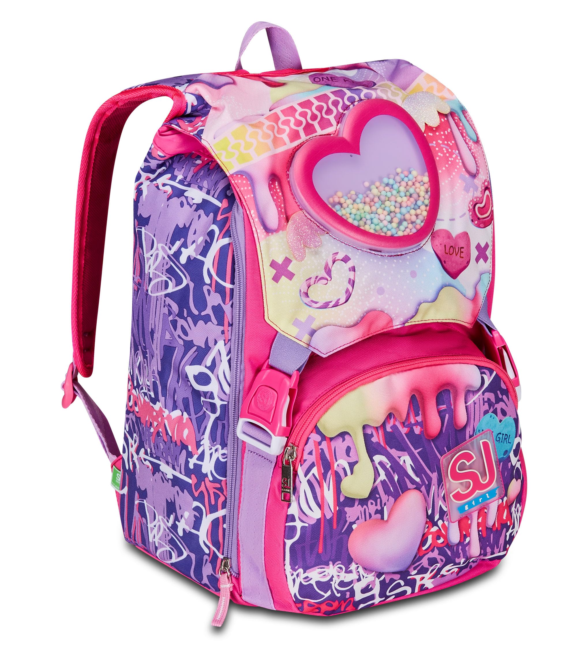 SJ GANG STYLE JAM GANG Zaino Scuola Estensibile, Rosa, Sphere Full Girl, Zaino Doppio Scomparto Estensibile Tramite Zip Laterali, Tasca Porta Borraccia, Scuole Elementari e Medie, Bambina Ragazza