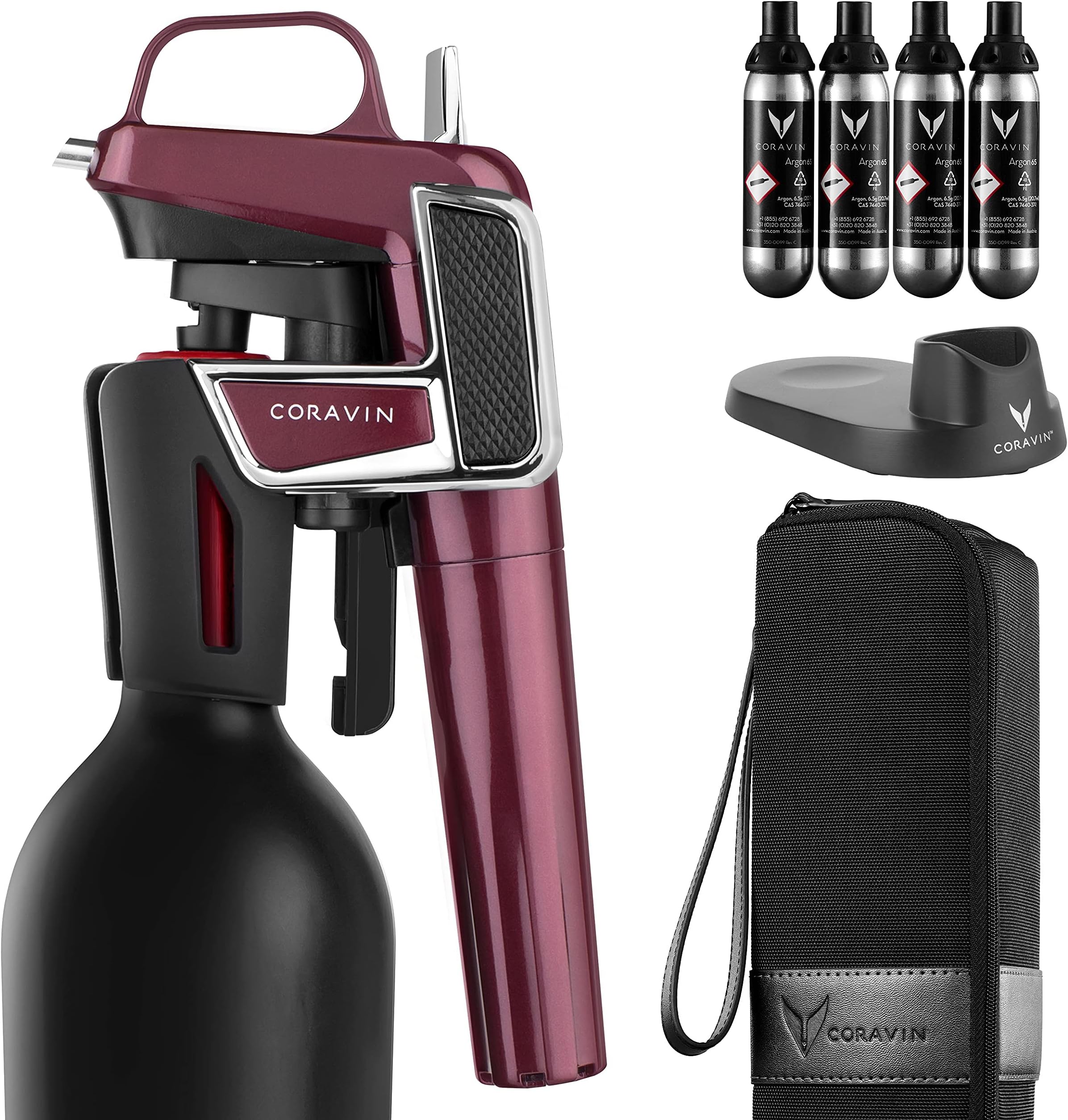 Coravin Model Two Elite Pro — Wine Preservation System — Bottle Opener, Needle Pourer, Aerator, and Wine Saver — Burgundy — Includes 4 Argon Gas Capsules, Carry Case, Base, and Wine Needle