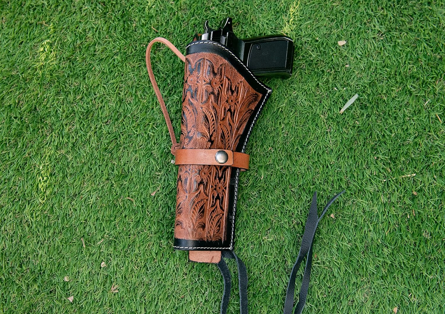 Hulara 2 Tone Flower Western Gun Holster & Ammo Belt Set – 22 Cartridge Leather Belt Size-4 with Heritage Cowboy Revolver Holster Left