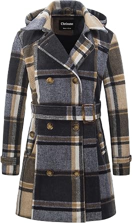 Chrisuno Womens Double Breasted Pea Coat Hooded Long Winter Trench Coat