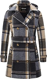 Chrisuno Women's Double Breasted Pea Coat Hooded Long Winter Trench Coat
