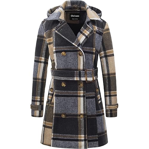 Chrisuno Women's Double Breasted Pea Coat Hooded Long Winter Trench Coat