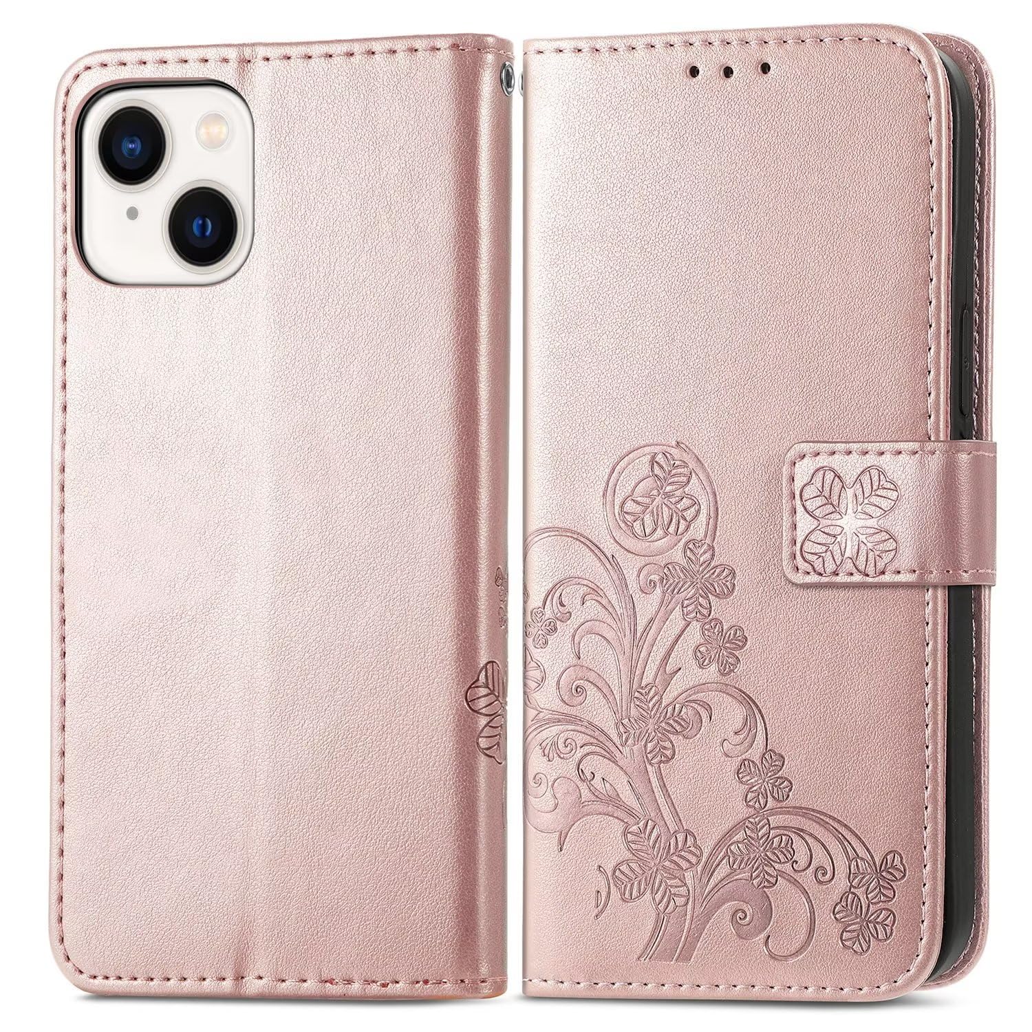 Custodia Portafoglio In Pelle Con Quadrifoglio Per IPhone 15 Pro Max – 3 Slot Carte + Tasca – Rosa Oro