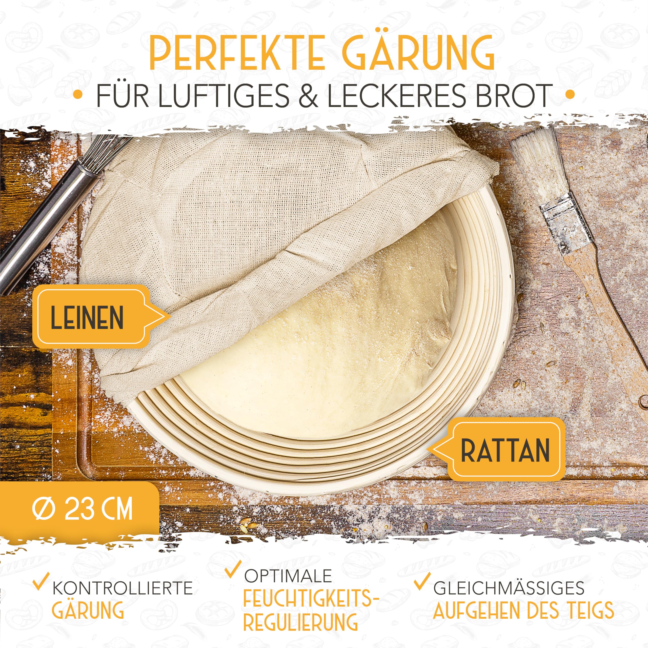 KRUSTENZAUBER 2er Set Gärkörbchen & 600ml Sauerteig Starter Set im Vorteilspack - Gärkörbe aus Rattan inkl. Gärtuch sowie Gärglas mit Spatel und Bäckermesser, Brot Backen Zubehör, Sauerteig-Glas
