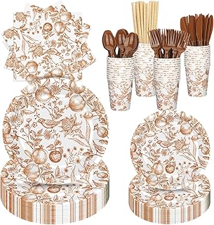 Yungyan 218 Pcs Fall Disposable Tableware Set Include White and Brown Pomegranate Paper Plates Cups Napkins and Spoons Forks Knives Serve 24 Guests for Autumn Thanksgiving Fall Wedding Party Supplies