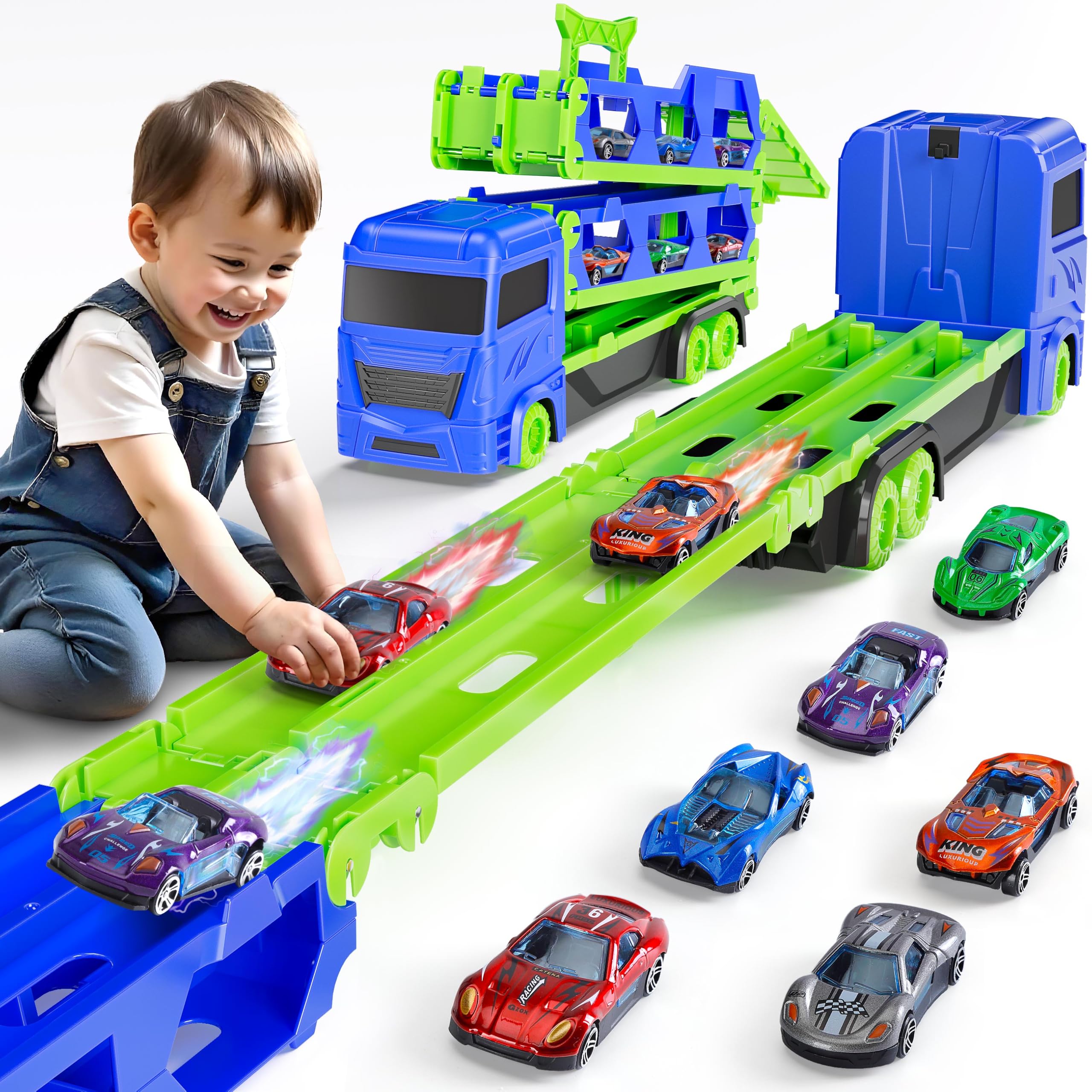 Toddler Truck Toys Cars for 2 3 4 Year Old Boys Gifts - 65 Inch Race Track Car for Boys Toys Age 2 3 4 - Transporter Truck Toy with 6 Mini Cars - Easter Birthday Gifts Vehicles Toy for Kids Present