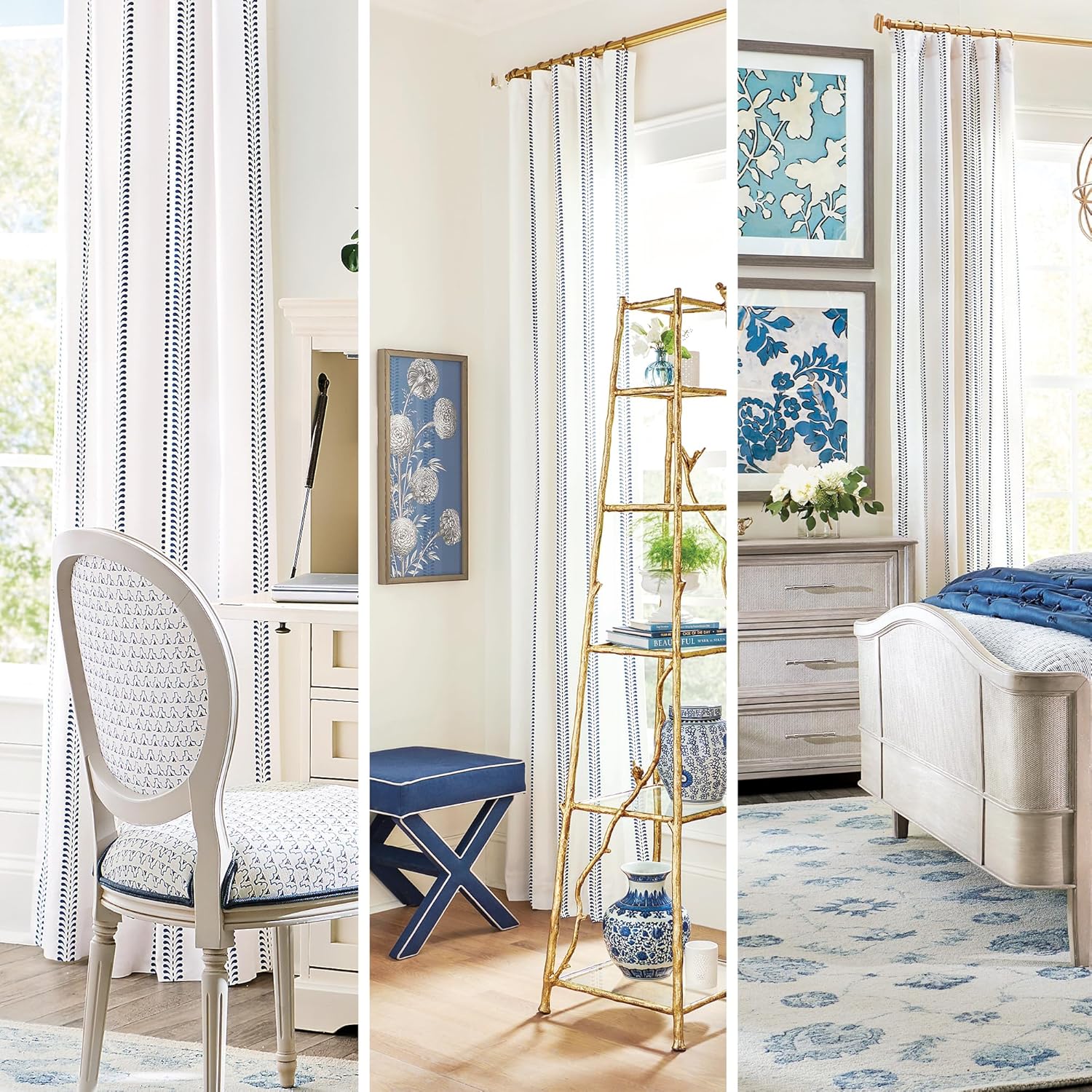 Ballard Designs - Hollis Ditsy Single Stripe Curtain – White Cotton Panel with Vertical Blue Petal Stripes, Lined, Hangs via 3" Rod Pocket or Included Drapery pins (50" W x 84" L)