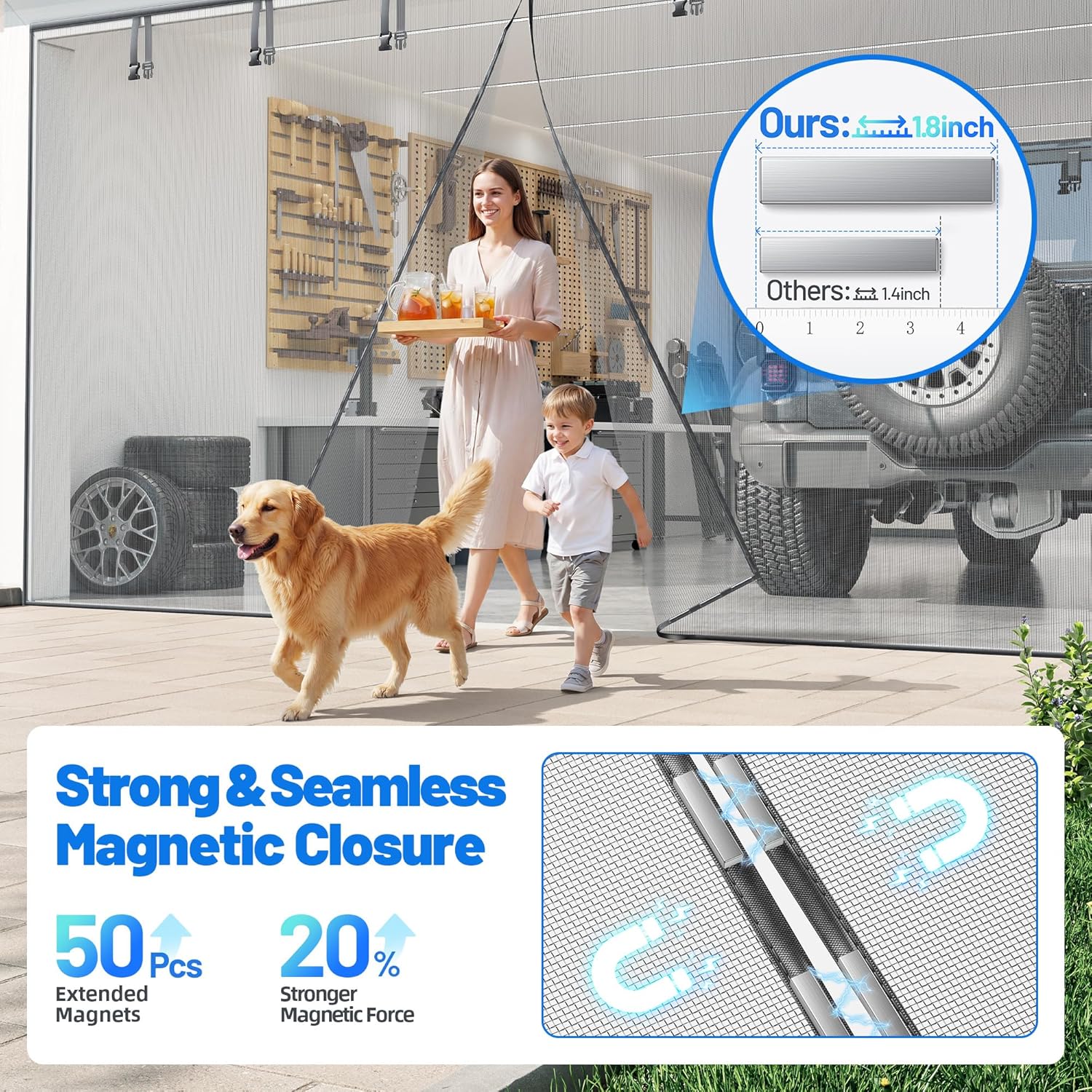 Garage Door Screen for 2 Car Garage - Heavy Duty Magnetic Garage Screen Door Mesh with 6 Roll Up Straps, Fiberglass Garages Doors Net Screens Keeps Bugs & Mosquitos Out Fits Garages Doors Size 16x7 Ft