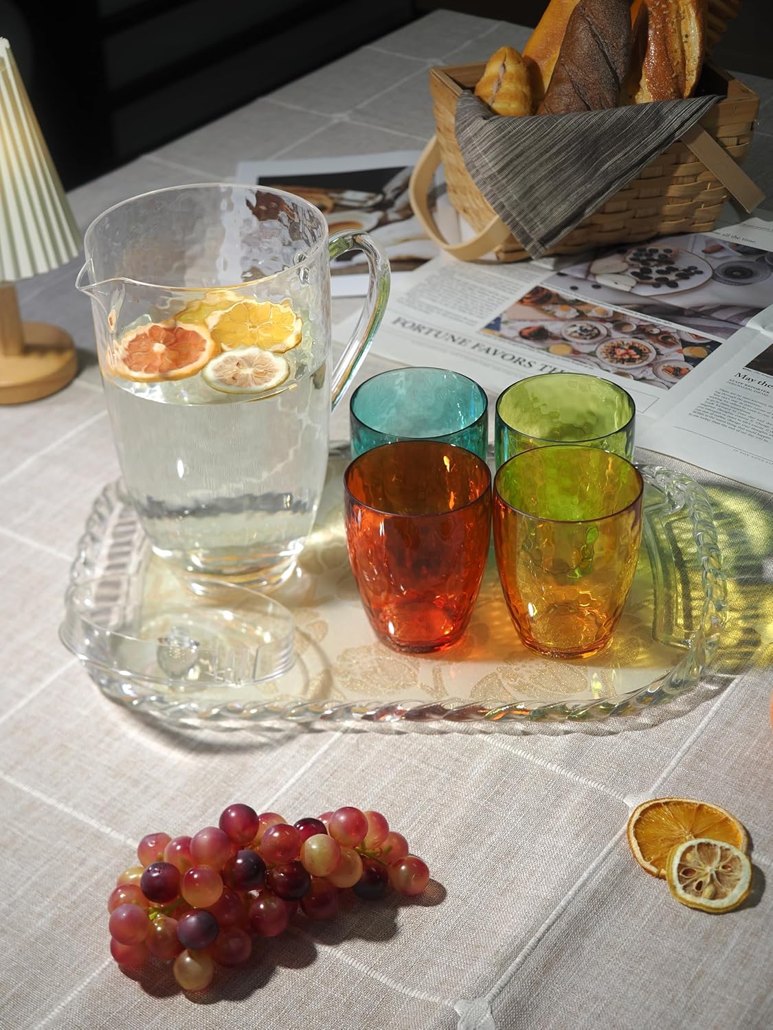 Pitcher with Lid and 4 Tumblers Set, 92oz Plastic Water Jug, BPA-Free Beverage Pitcher for Fridge, Large Drink Carafe for Party, Juice, Ice Tea, Sangria, Lemonade, (Set of 5 in Gift Box)