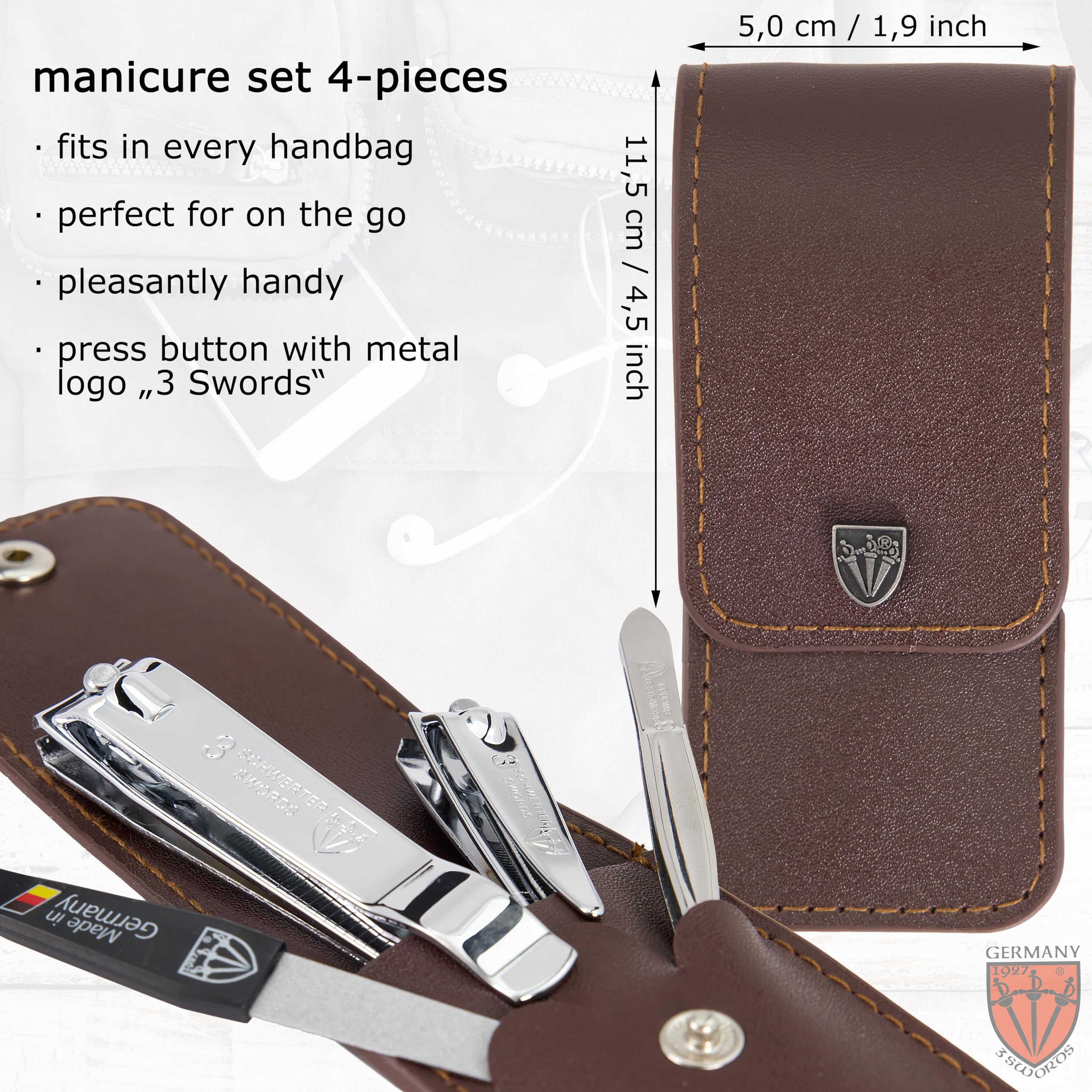 3 Swords Germany, manicure Set including finger and toe nail clipper tweezers and nail file in brown synthetic leather case - Image 4