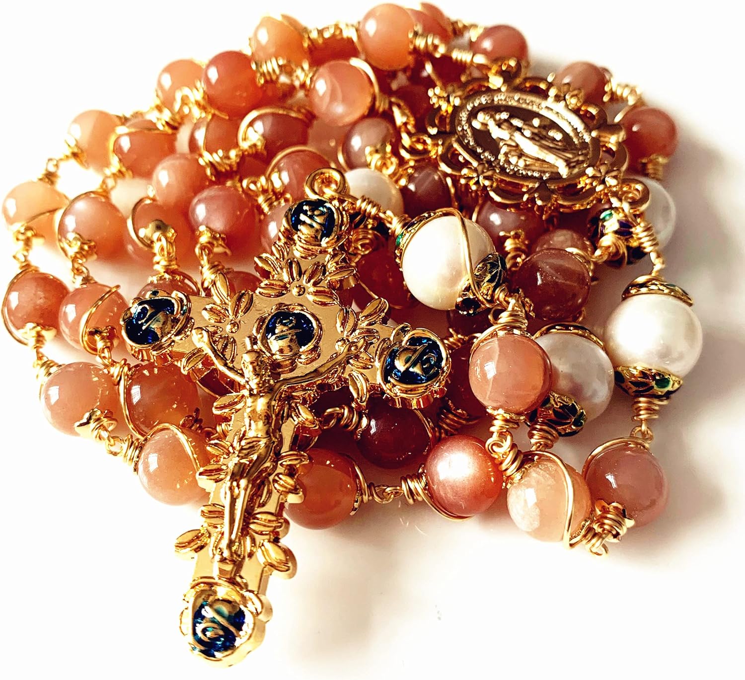 elegantmedical Handmade Wire Wrapped Orange Moonstone &10mm Real Pearl Beads Rosary Cross/Crucifix Necklace Box Catholic Womens Gift