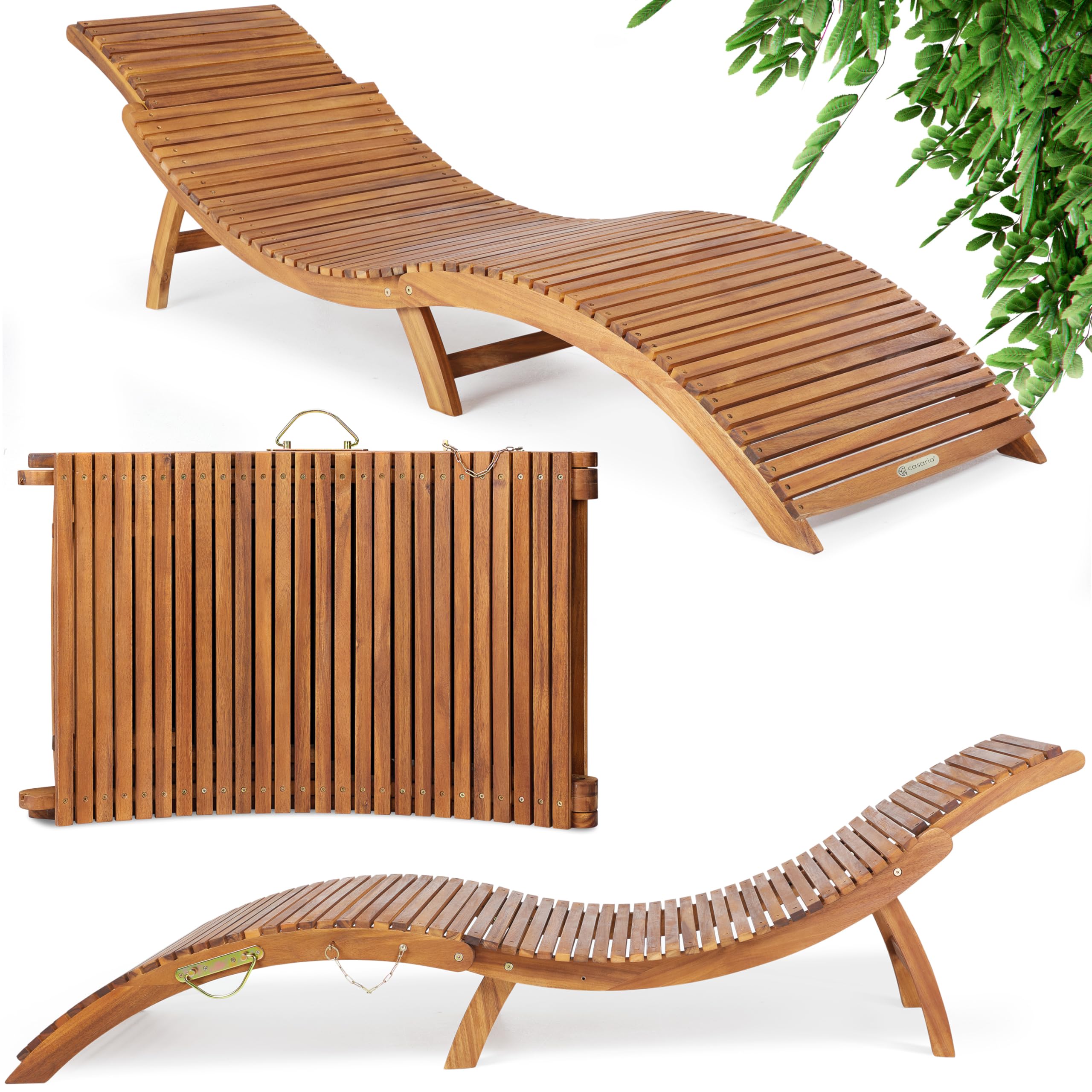 CASARIA® ERGO Foldable Wooden Sun Lounger | Ergonomic Design Garden Deck Chair | FSC®-certified Acacia Wood | Portable Patio Furniture Sunbed w/Adjustable Headrest | 160kg Capacity