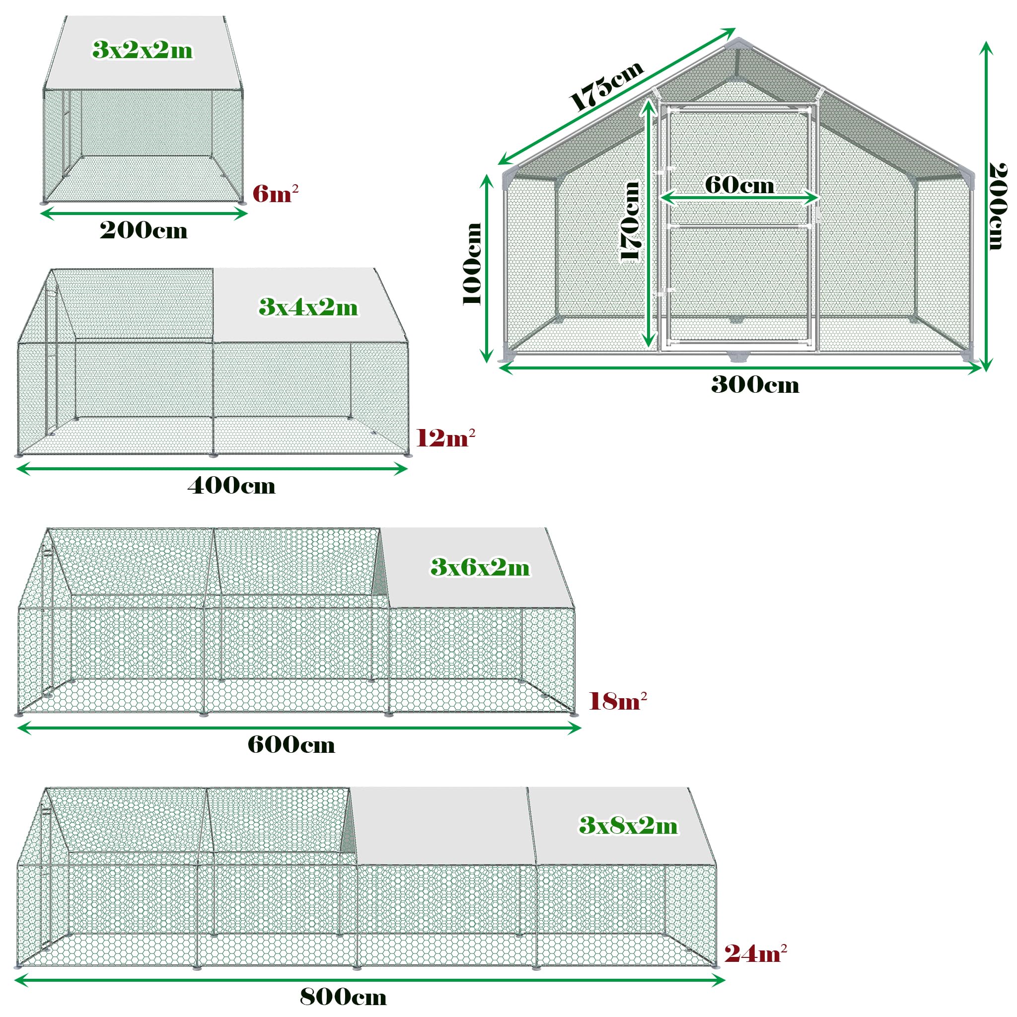 FIVMEN Recinzione per Pollaio 3x2x2 m Recinto Pollaio in Metallo 6 m² Gabbie per Pollame con Tetto di Protezione Solare, Porta e Sbarre Recinto Esterno Gabbie per Polli Stalle per Pollame