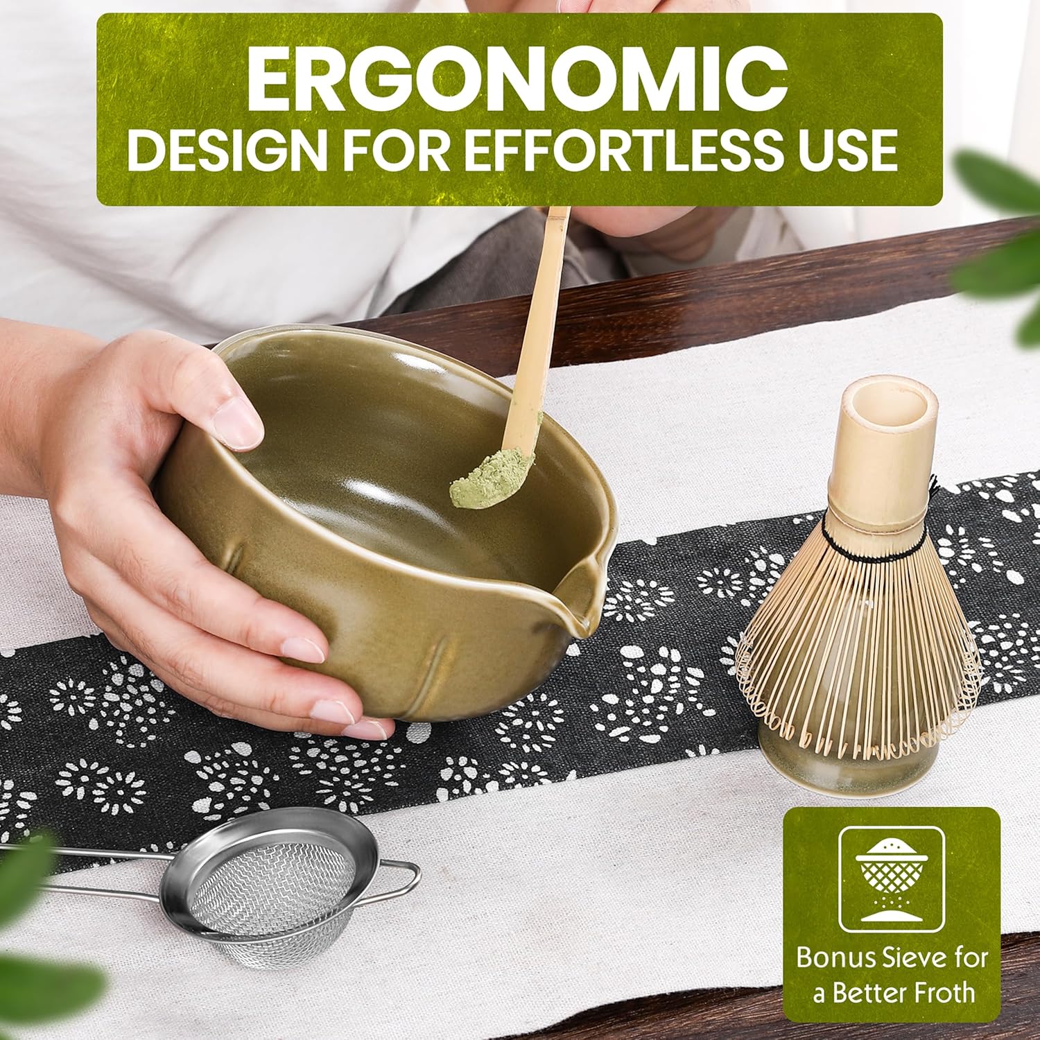 Matcha Whisk Set – 5 Piece Japanese Matcha Tea Set w/Ceramic Matcha Bowl, 100-Prong Bamboo Whisk & Holder, Scoop, & Stainless Sifter – Traditional Matcha Making Kit (Mottled Green)