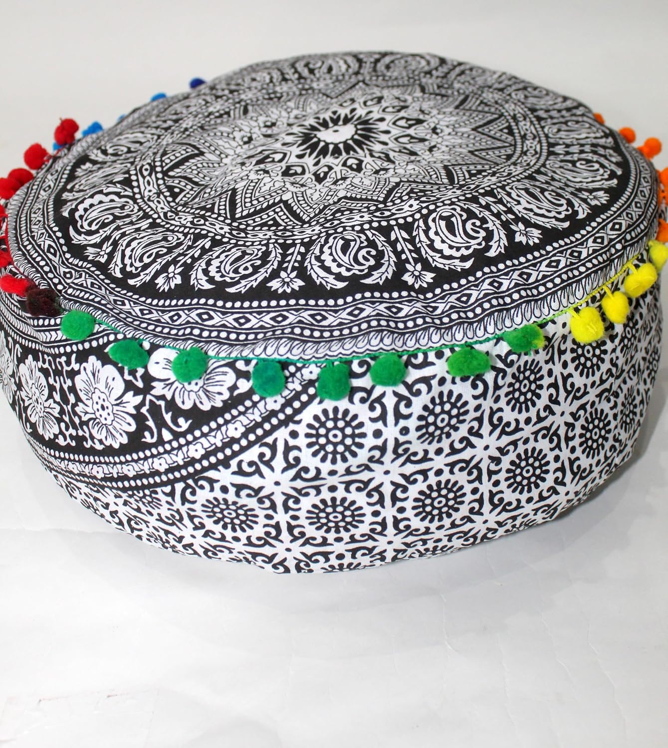 16 Inch Round Mandala Floor Cushion Cover, Black Elephant Bohemian Pouf Cover, Cotton Ottoman Floor Pillow Cover, Decorative Meditation Cushion Case for Living Room, Bedroom, Home Decor (Cover Only) image 5