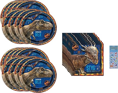El paquete de suministros para fiesta de cumpleaños de Jurassic World incluye platos de almuerzo y servilletas de almuerzo (paquete para 16)