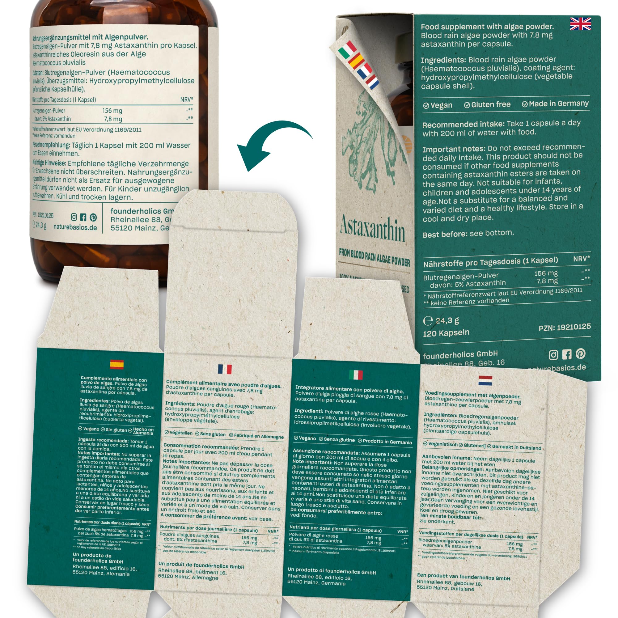 Nature Basics Astaxanthin hochdosiert - mit 7,8 mg reines & hochwertiges, natürliches Astaxanthin pro Kapsel - 120 Kapseln - vegan, zertifiziert & nachhaltig im Glas
