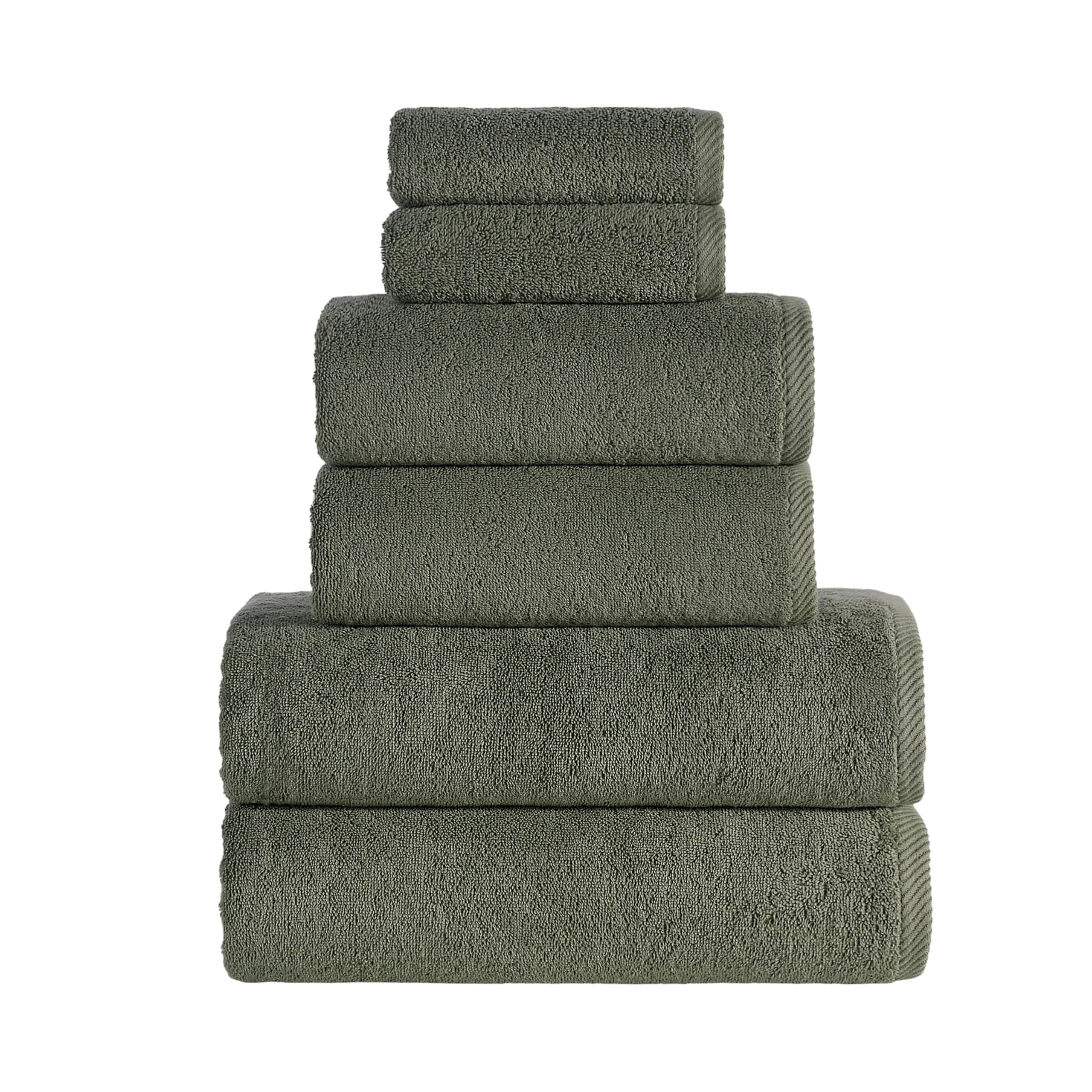 Roominess Handtuch Set 100% Baumwolle 6-teilig Salbeigrün (30x50, 50x100, 70x140) – Handtücher, Duschtücher & Gästehandtücher mit Aufhänger – saugfähig, Hotelqualität – Für Bad, Sauna, Hotel & Airbnb