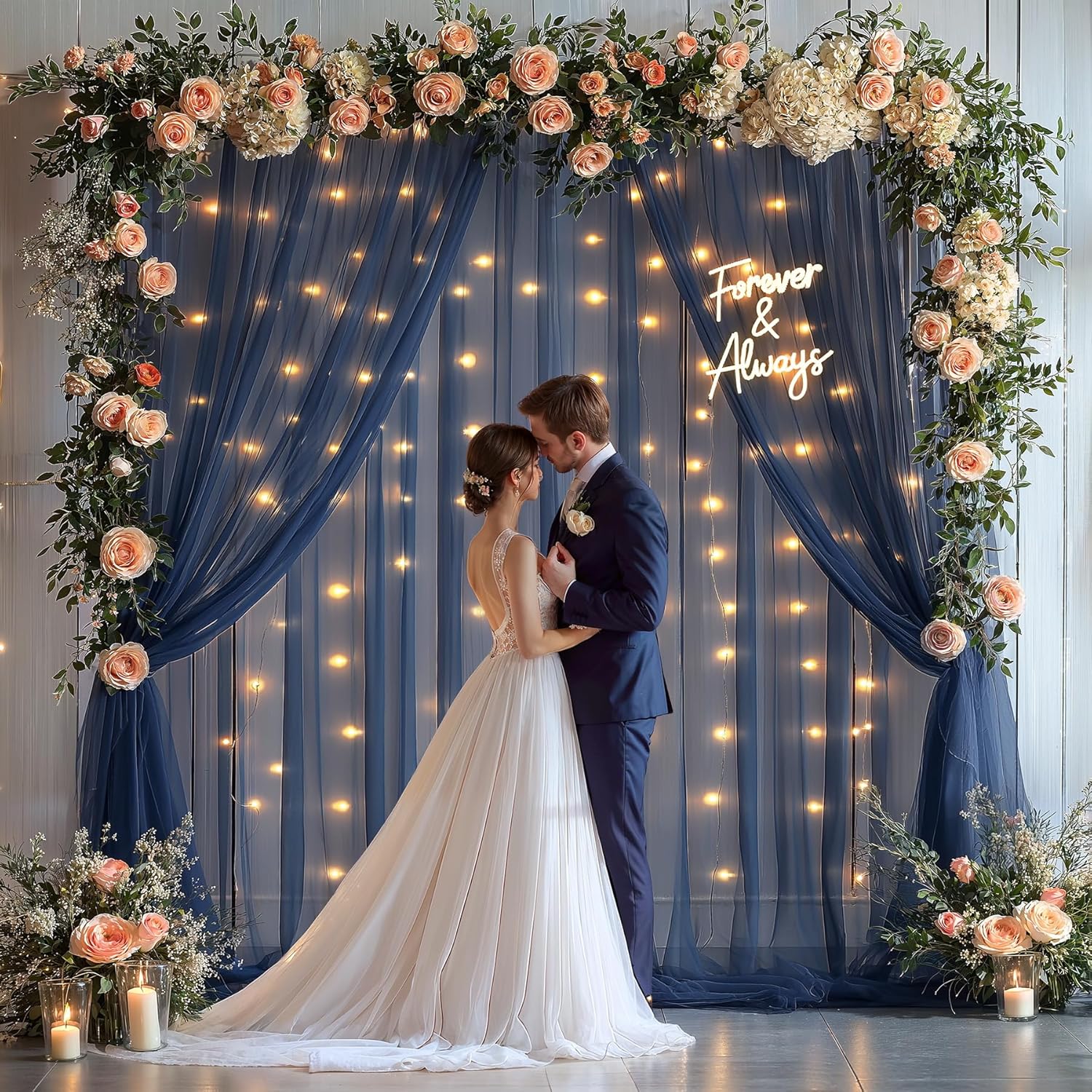 20x10ft Navy Blue Tulle Backdrop Curtain with Lights String for Parites, Sheer Photo Backdrop Curtains with Lights for Wedding Backdrop Ceremony Reception Bridal Shower Baby Shower Birthday Party