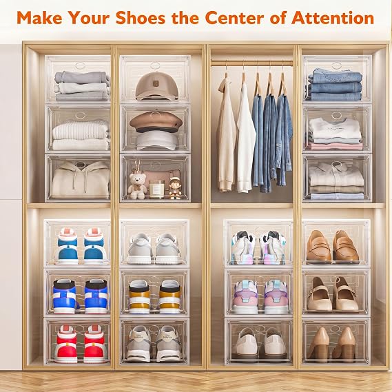 Sturdy Clear Shoe Organizer with Magnetic Door, Stackable Shoe Storage Box