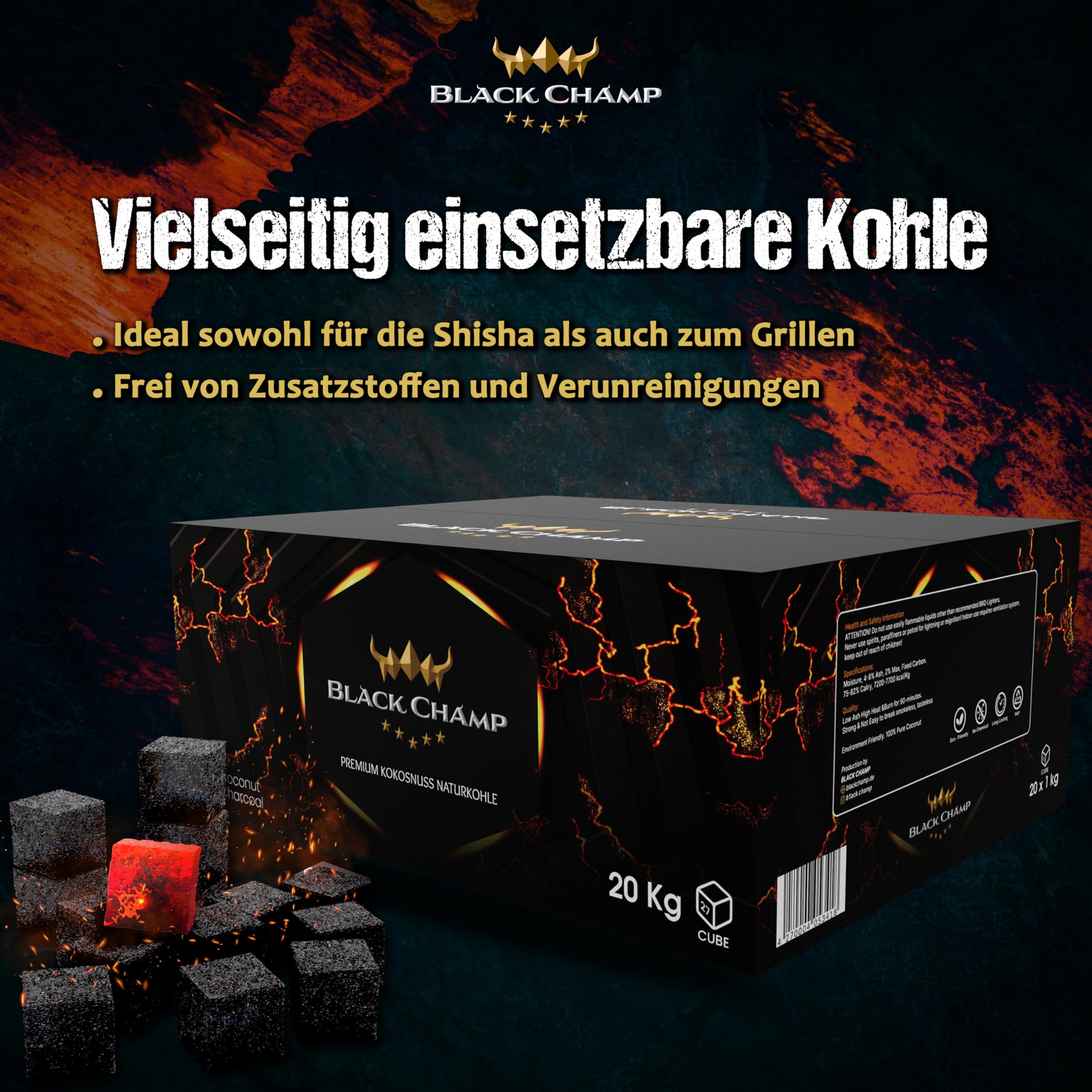 Shisha Kohle | 27 mm | 20 kg | Black Champ | Premium Naturkohle aus Kokosnussschalen| Für Shisha und Grill